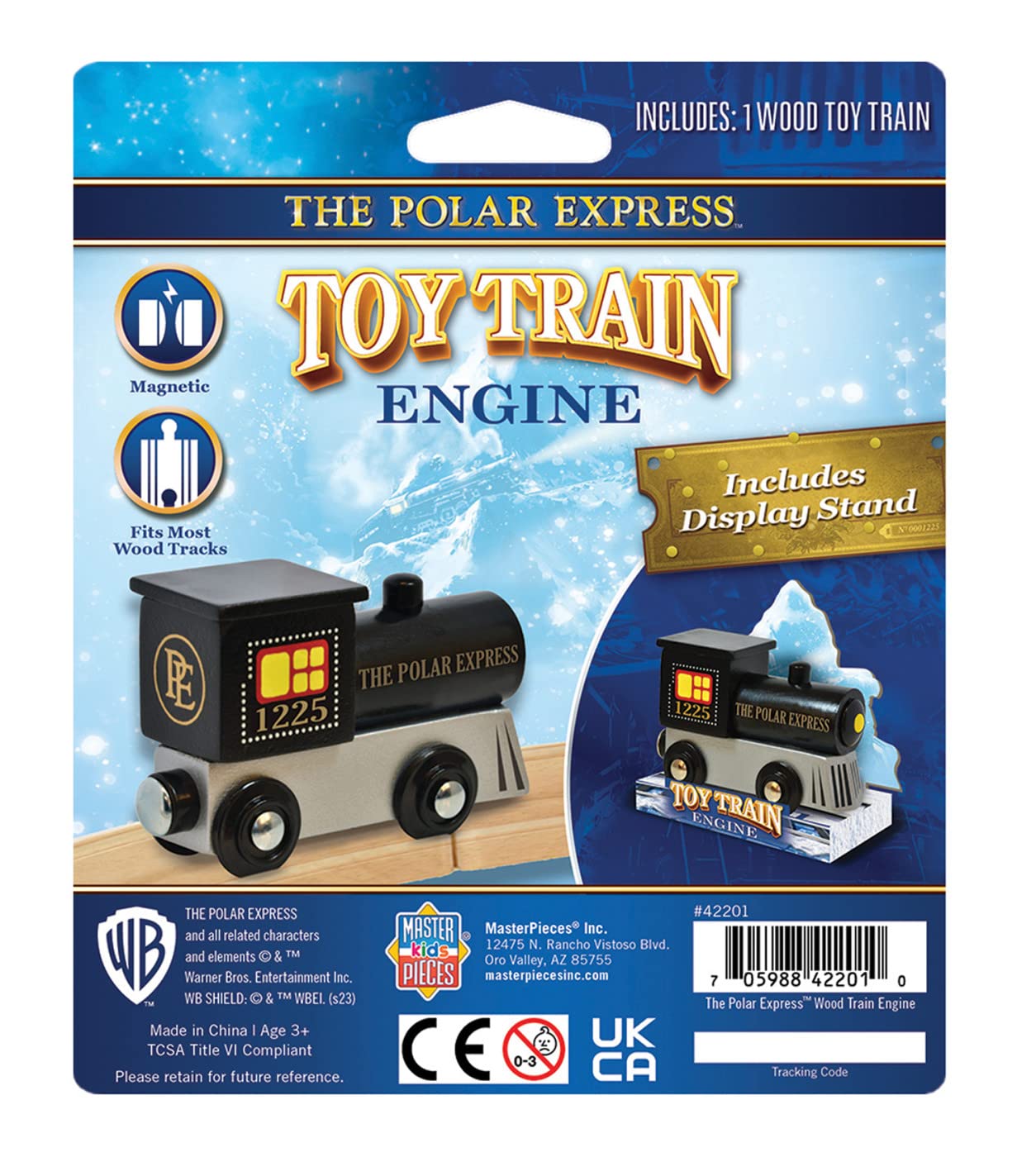 MasterPieces Wooden Train Engine, Polar Express Train Licensed Toy, Magnetic Wood Railway Car, Compatible with 1 Inch Tracks, Holiday Railroad Playset