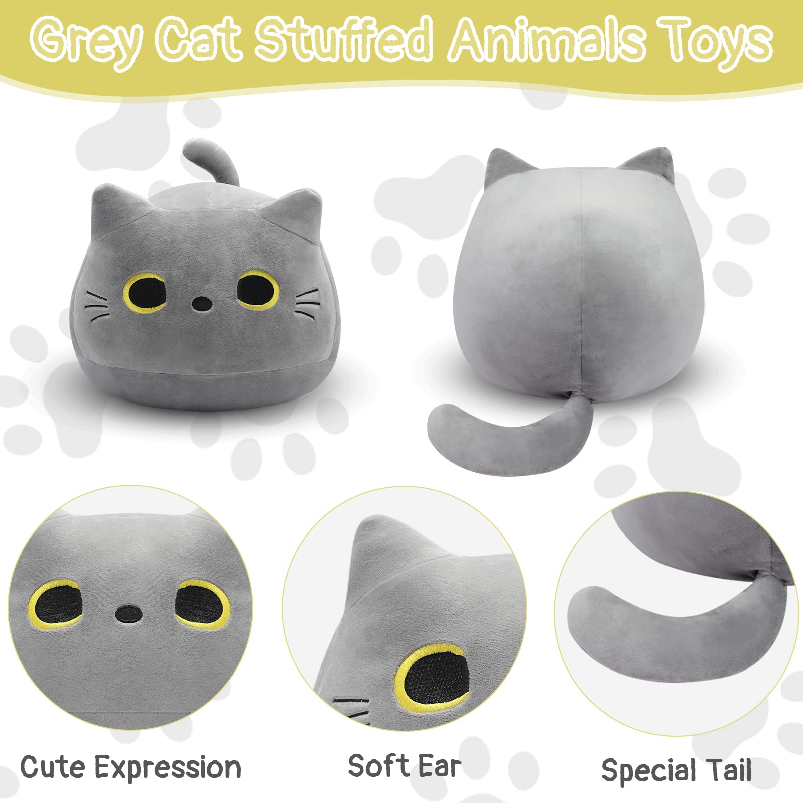 LSYDCARM Gray Cat Plush Pillows Toys, 12inch Kawaii Gray Cat Stuffed Animals Plush Toys, Cute Soft Cat Plushie Stuffed Kitten for Birthday Valentines