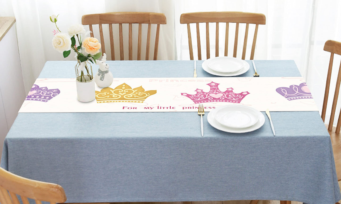 whooplaArt Double-Layer Table Runner Bed Runner Princess Birthday Party Kids Girls Pink Crown Decorative Long Tablecloth Bed Scarf Farmhouse Dining