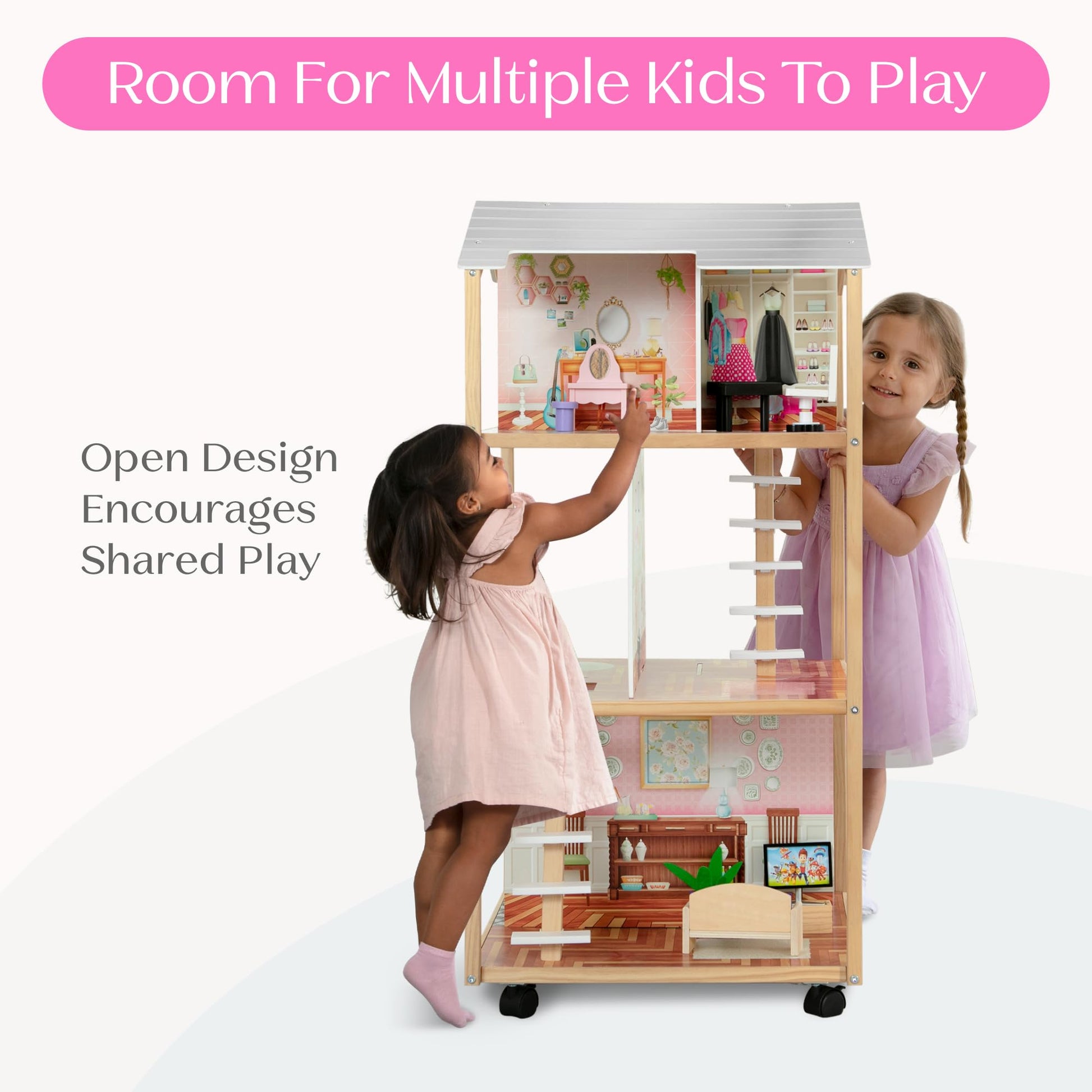 Delta Children Moveable Mansion Dollhouse - 360-Degree Play Dollhouse with Wheeled Base - Includes 16 Accessories - Fits 12-inch Dolls - Pretend Play