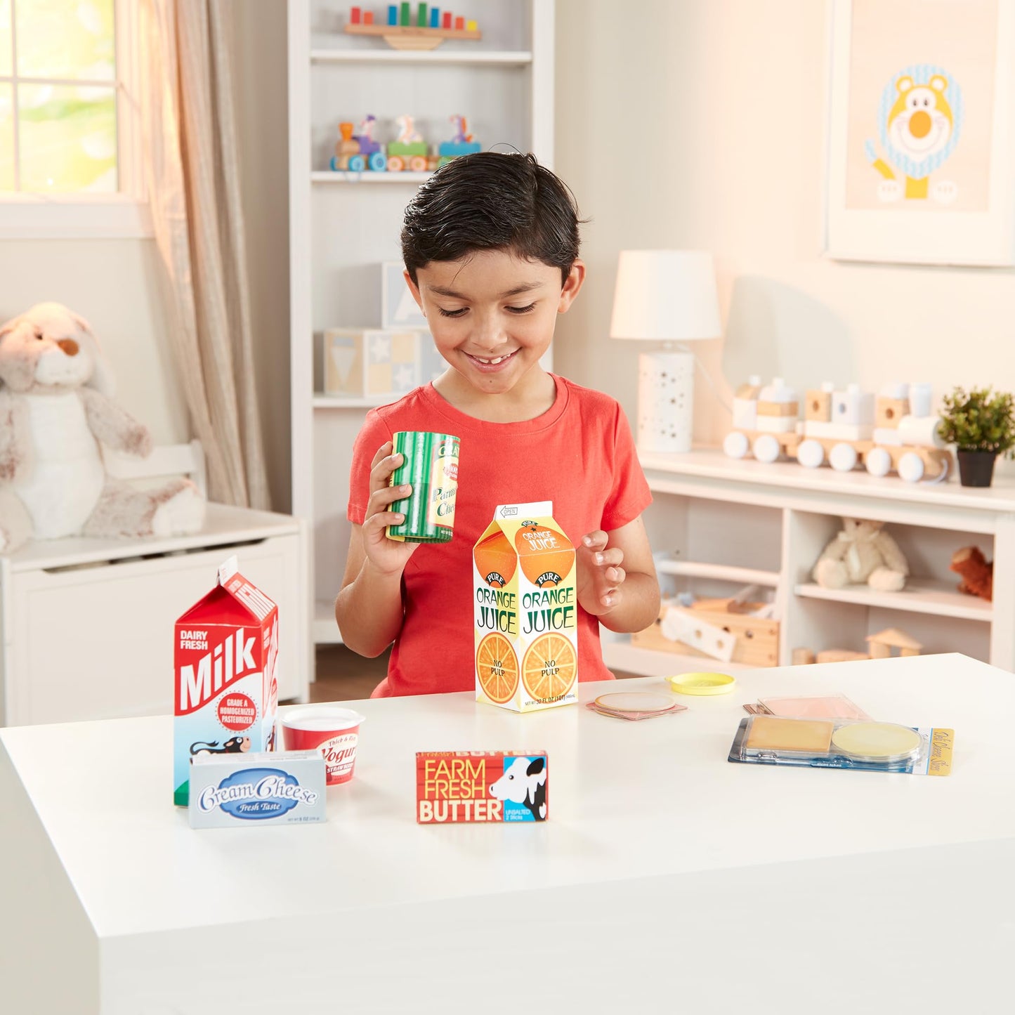 Melissa & Doug Fridge Fillers Grocery Play Food Cartons (8 Pieces) Wooden Toy Groceries, Pretend Play Food, Kitchen Accessories for Kids Ages 3+ - FSC