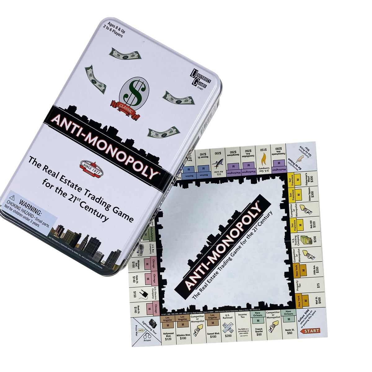 University Games Anti-Monopoly Travel Family Board Game Tin, Ages 8+