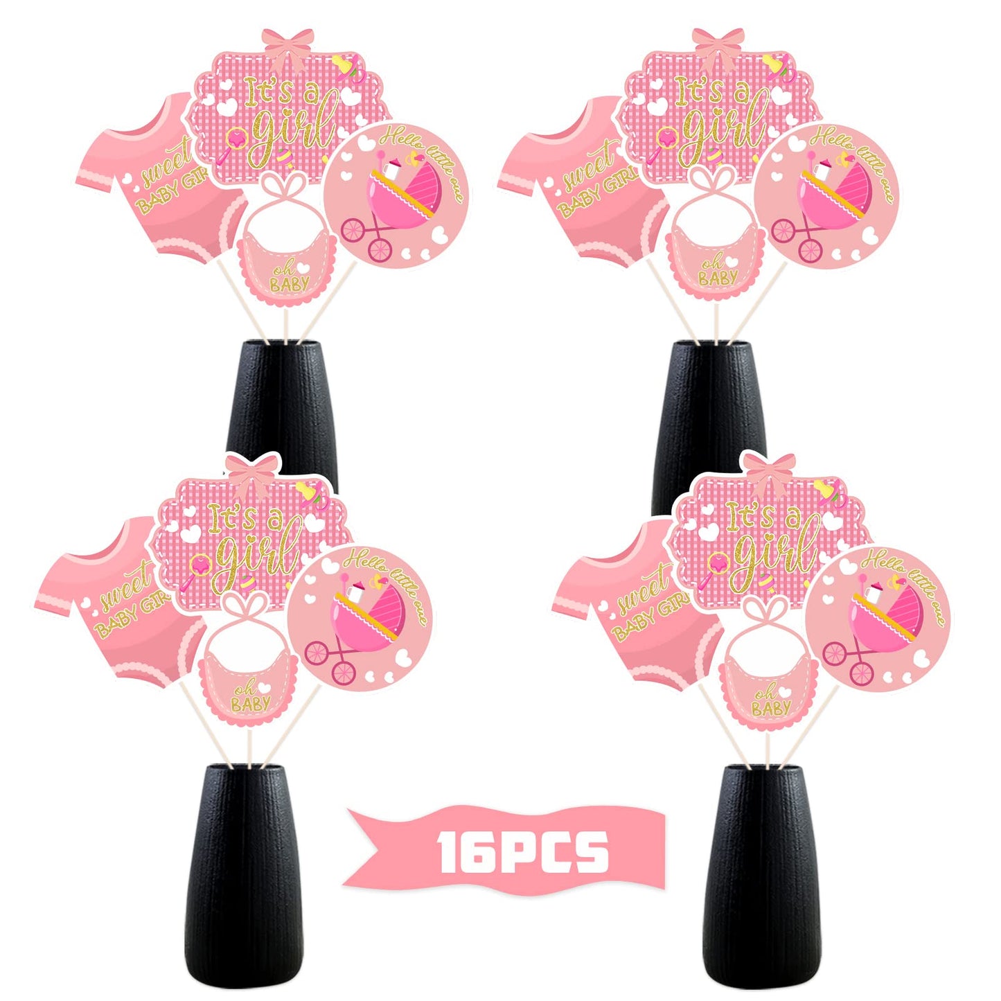 It’s a Girl Centerpiece Sticks, Sweet Pink Gender Reveal Party Decorations - Baby Shower Party Decor - Home Decorations Supplies - 16PCS