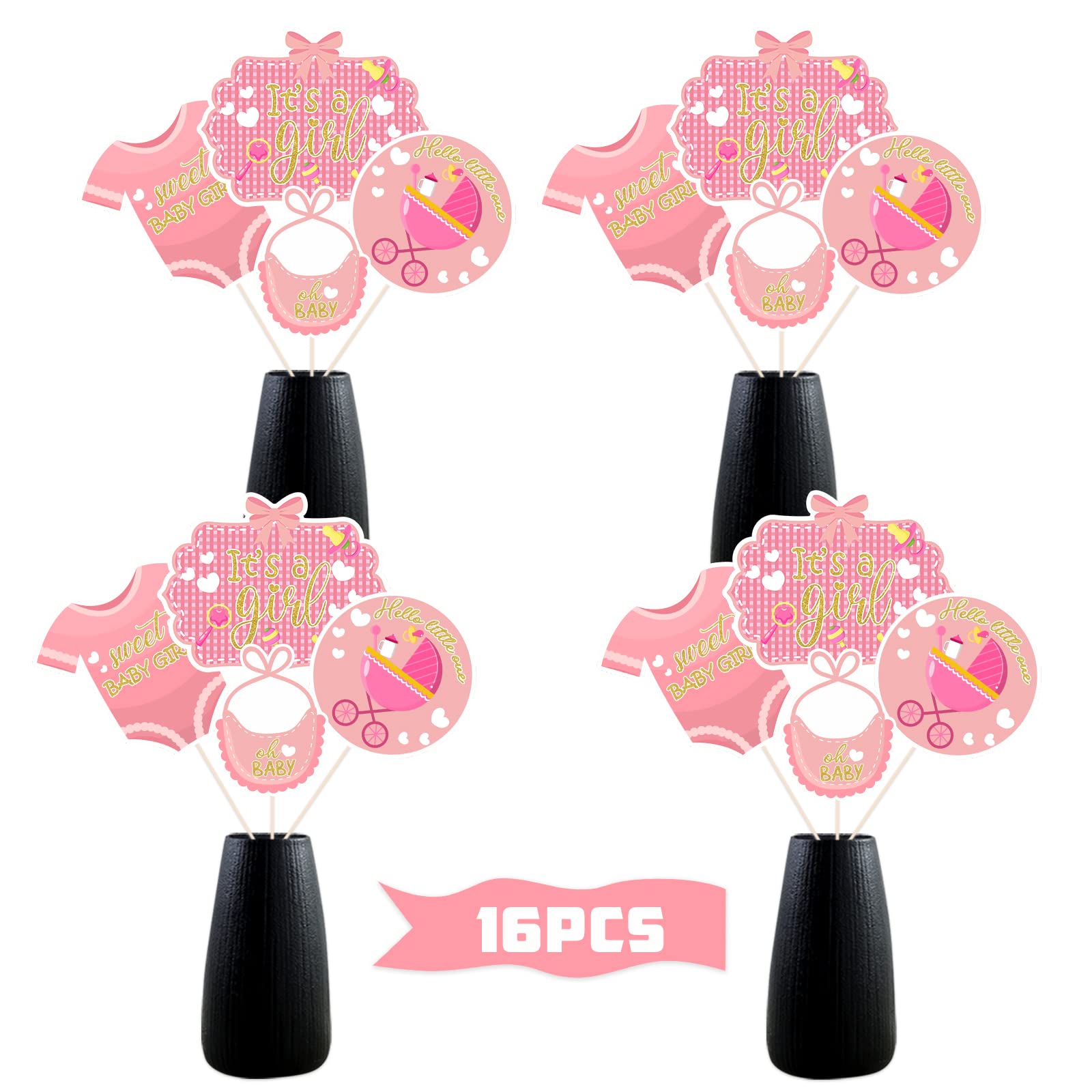 It’s a Girl Centerpiece Sticks, Sweet Pink Gender Reveal Party Decorations - Baby Shower Party Decor - Home Decorations Supplies - 16PCS