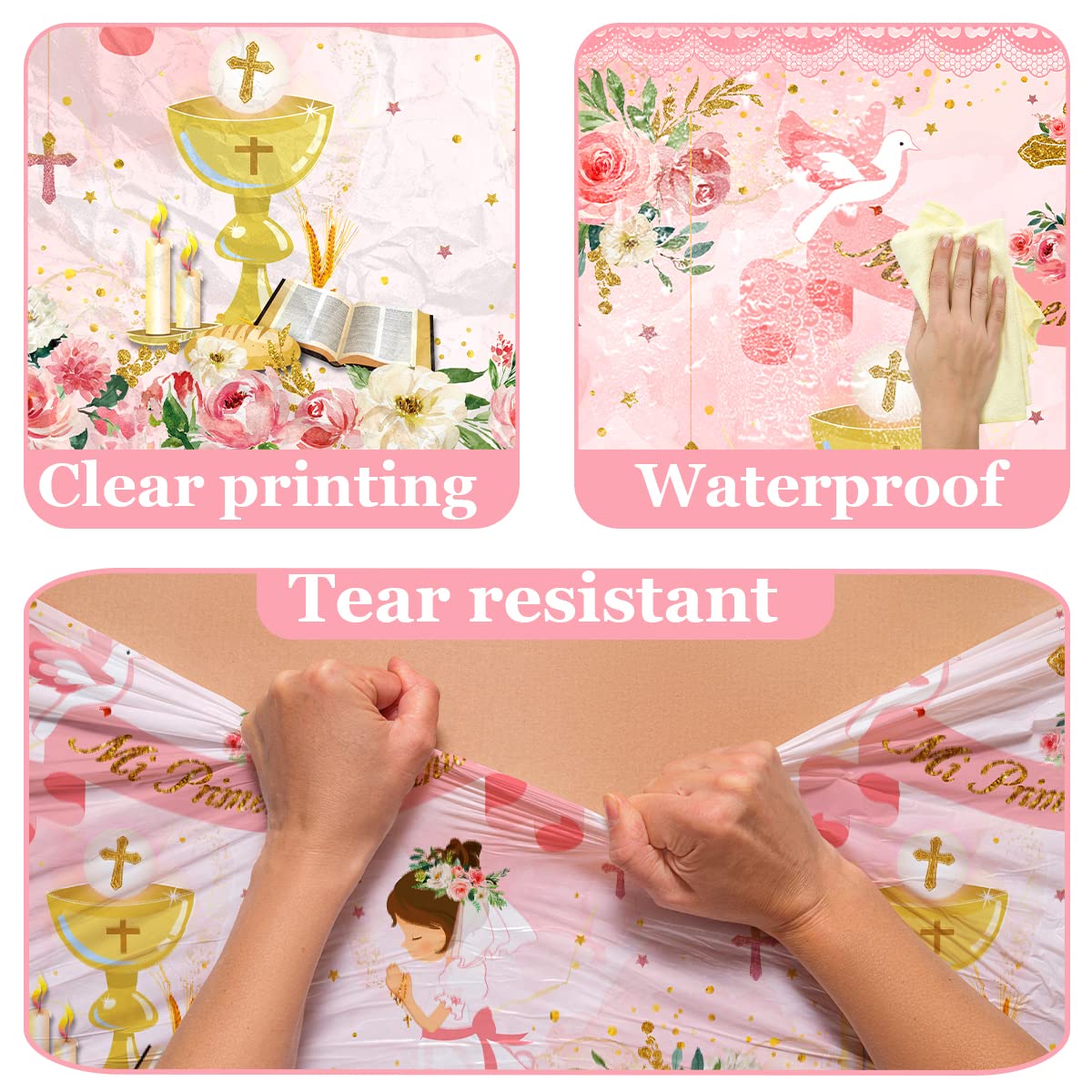 Gupesxu First Communion Decorations-3pcs Pink Mi Primera Comunion Tablecloth Baptism Table Covers for Girl Newborn Baby Shower Table Cloth for First