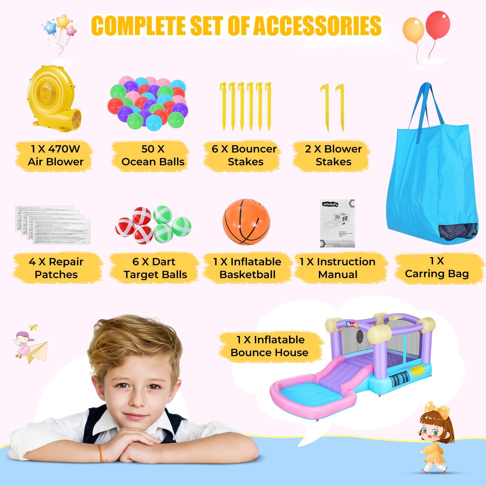 Whubefy Inflatable Pink Bounce House for Kids 2-8 with Ball Pit, 161x82x63 All-in-ONE Jump and Slide Water Park w/50 Ocean Balls, 6 Dart Target Balls