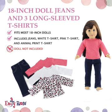 18 Inch Doll Jeans Outfit - Emily Rose 4PC Stretch Skinny Blue Jeans + 3 Long Sleeve Doll T-Shirts (White Pink Cheetah) - Basics Wardrobe Set for 18”