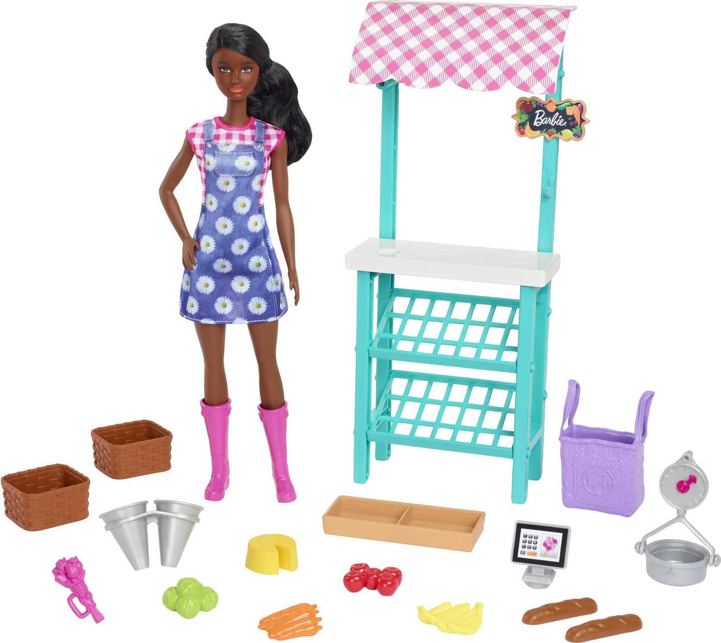 Barbie Farmers Market Playset, Barbie Doll (Brunette), Stand, Register, Vegetables, Bread, Cheese & Flowers, Great Toy for Ages 3 Years Old & Up