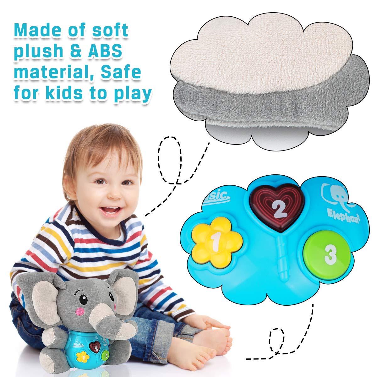 Aitbay Plush Elephant Music Baby Toys 0 to 6 Months, Cute Stuffed Animal Light Up Baby Toys Newborn Baby Musical Toys for Infant Babies Boys & Girls