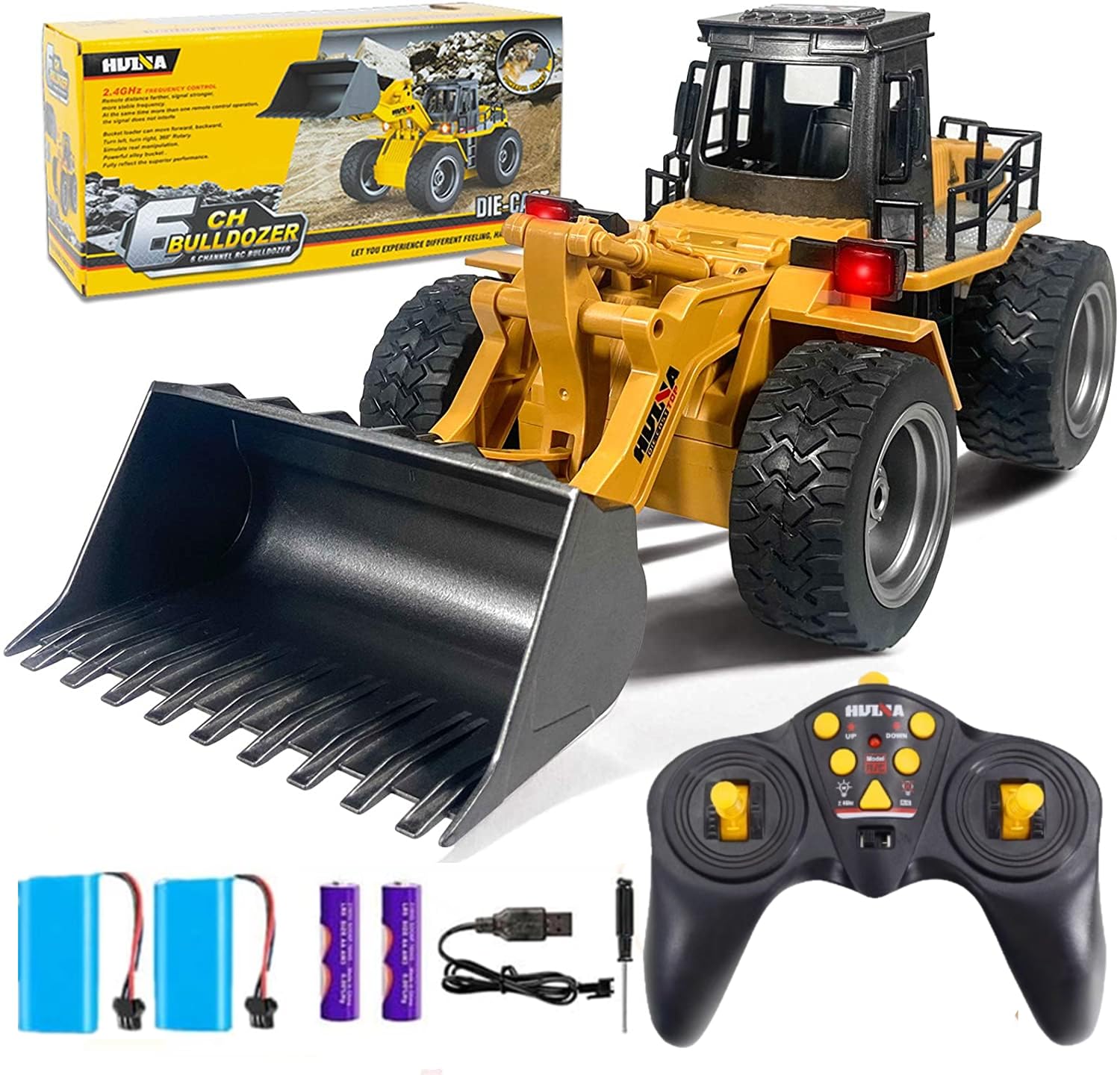kkny Remote Control Bulldozer Toy Truck, 1/18 Scale RC Metal Rc Front Loader 4WD Construction Vehicles for Boys Girls Kids with Rechargeable Two