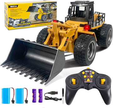 kkny Remote Control Bulldozer Toy Truck, 1/18 Scale RC Metal Rc Front Loader 4WD Construction Vehicles for Boys Girls Kids with Rechargeable Two