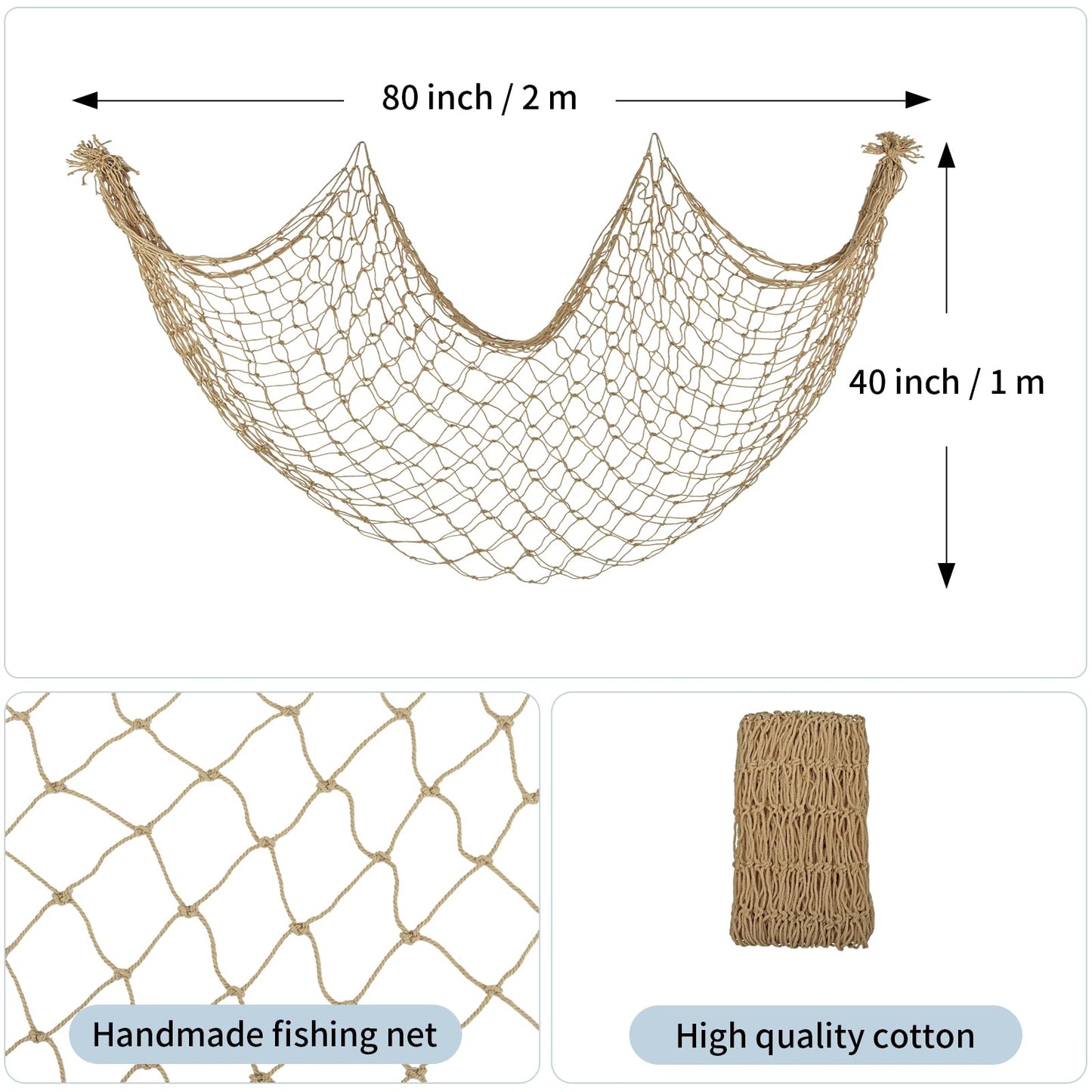 Decorative Fishing Net 80x40 Inch, Patioland Large Caramel Picture Fish Net, Wall Photo Hanging Fishnet for Nautical Mermaid Pirate Ocean Themed