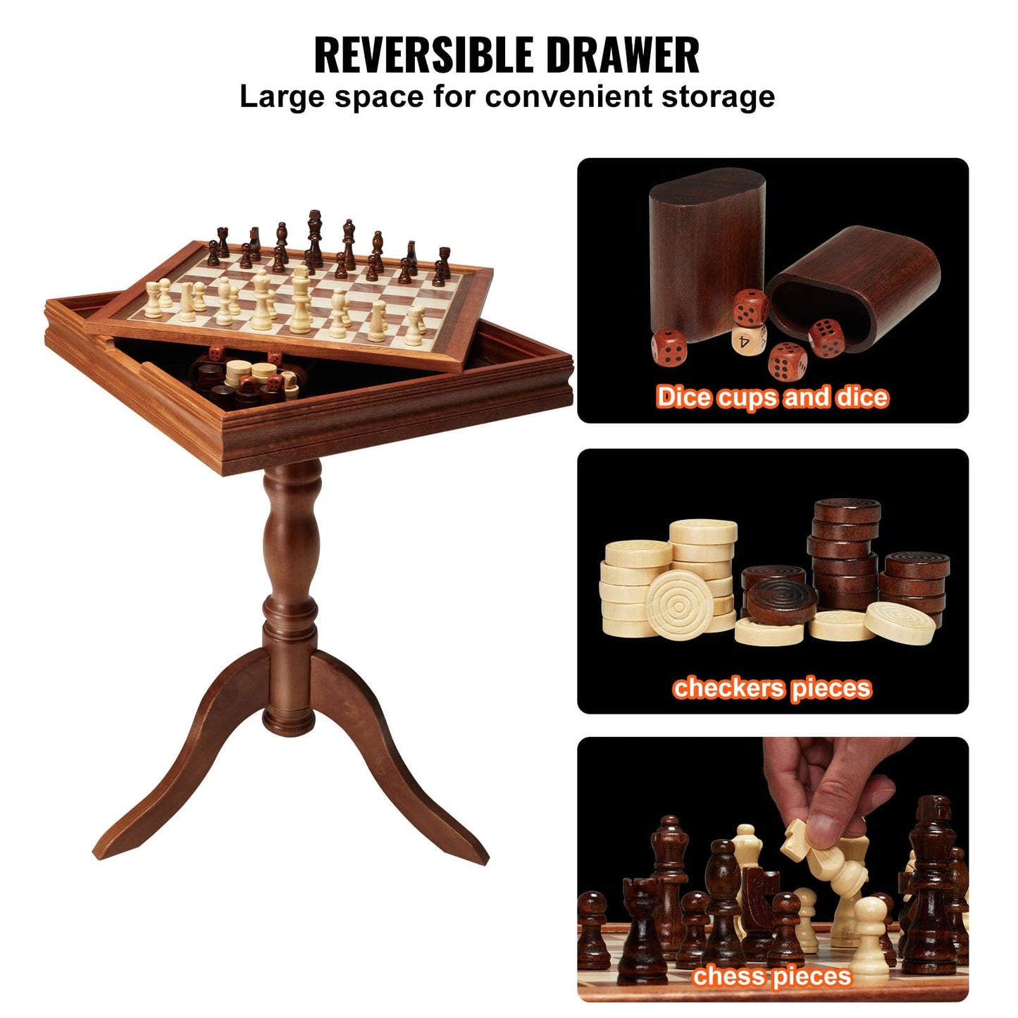 VEVOR 3-in-1 Chess Checkers Backgammon Table Set, 18 Inch Premium Wooden Chess Table, Deluxe Combo Game Table Furniture Set, Chess Set Board Game Gift