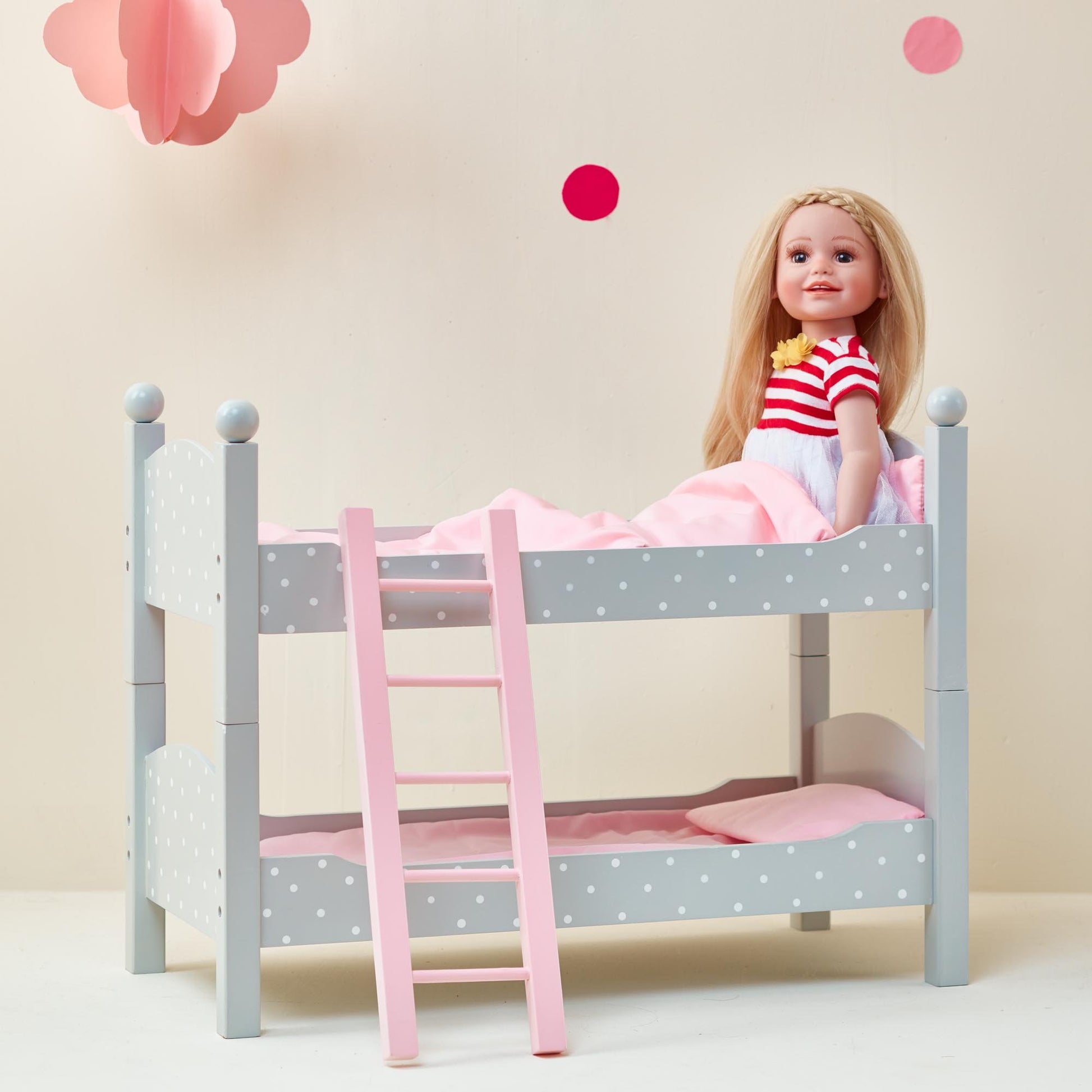Olivia's Little World 18 in. Doll Wooden Convertible Bunk Bed Stacked on Top or Unstacked as Two Single Beds, Gray with White Polka Dots and Pink