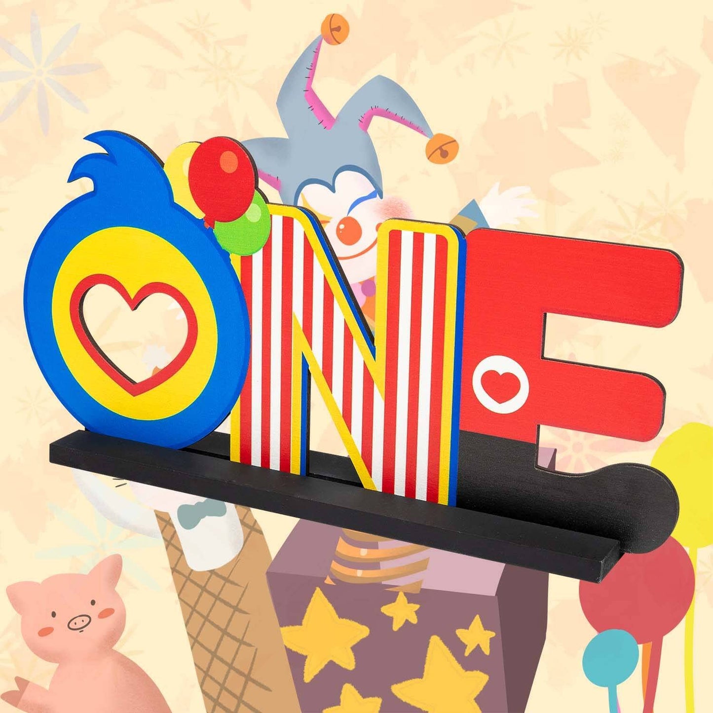C1krint Plim Plim ONE Letter Sign Wood Table Centerpiece - 1Pcs Circus Clown Plim Plim Theme First Birthday Party Decoration Supply for One Year Old