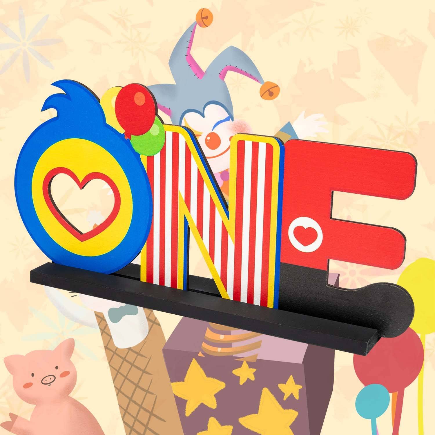 C1krint Plim Plim ONE Letter Sign Wood Table Centerpiece - 1Pcs Circus Clown Plim Plim Theme First Birthday Party Decoration Supply for One Year Old