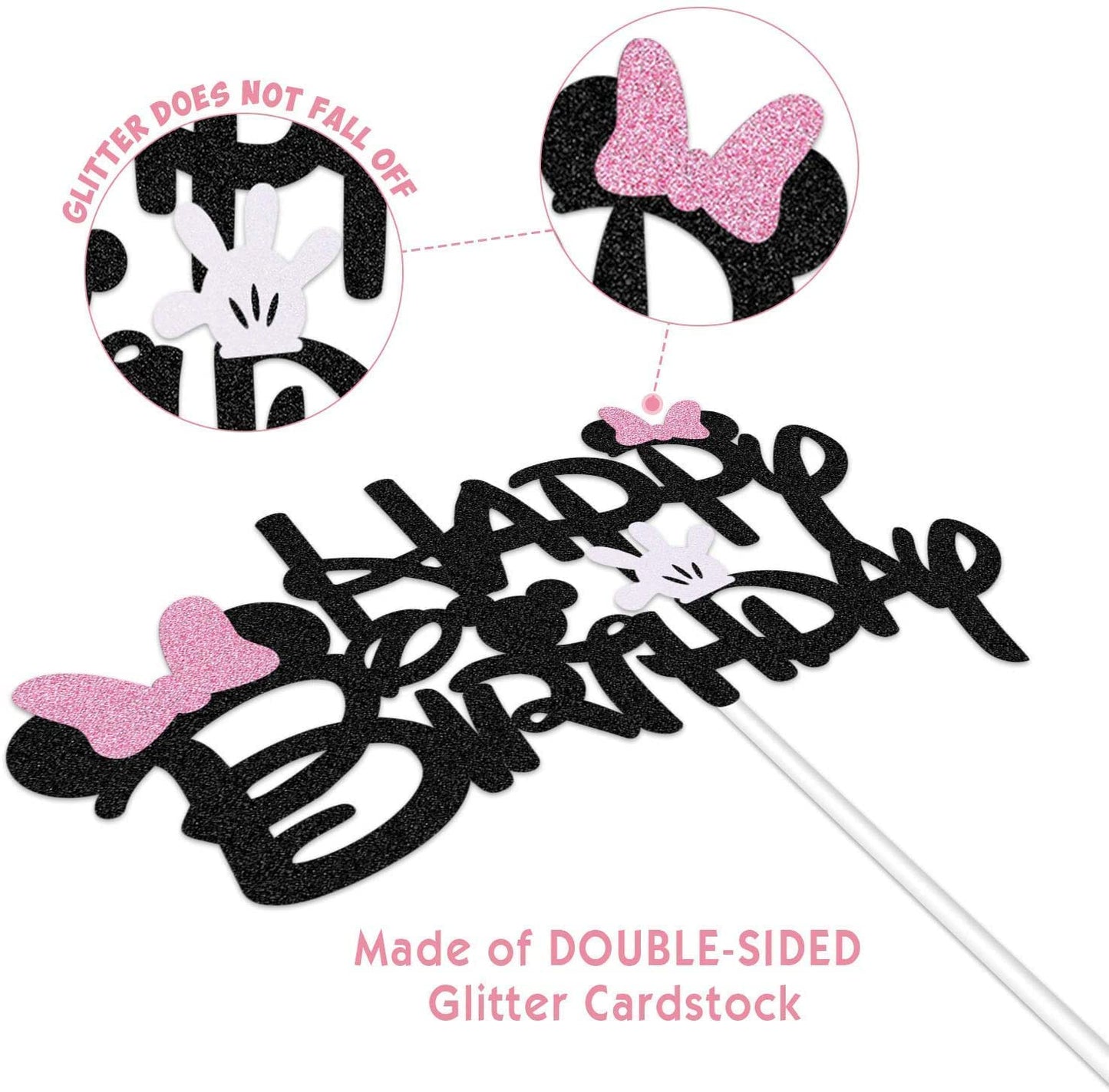 Black Glitter Minnie Inspired Happy Birthday Cake Topper with Pink Bows and White Gloves Girls Birthday Party Decorations Supplies
