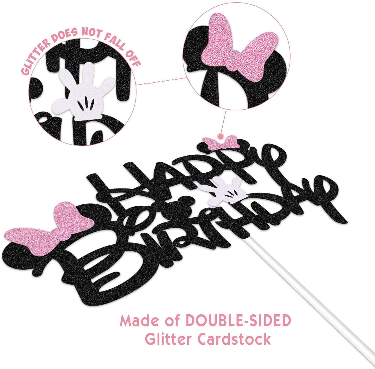 Black Glitter Minnie Inspired Happy Birthday Cake Topper with Pink Bows and White Gloves Girls Birthday Party Decorations Supplies