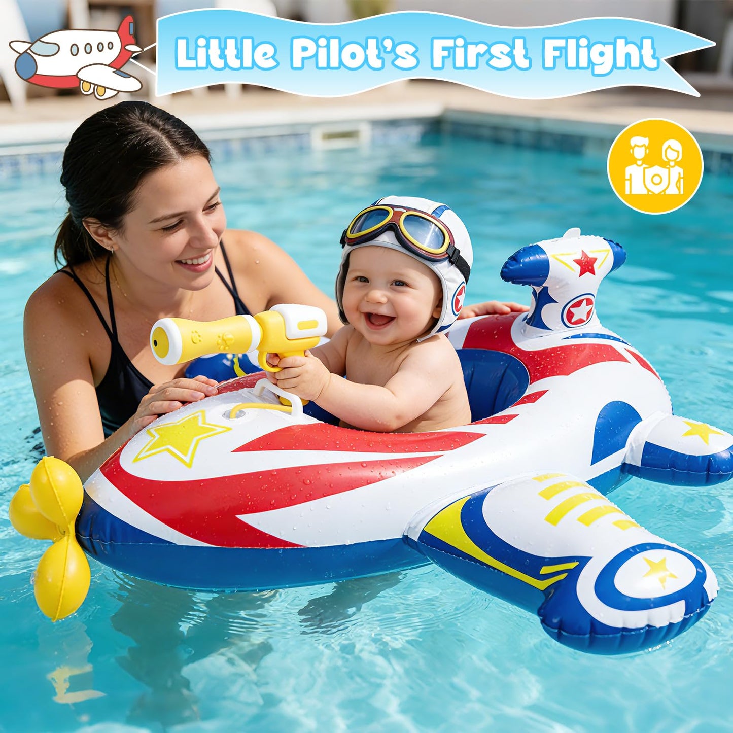 Baby Airplane Pool Float with Handle & Squirt Gun, Baby Swim Float Swimming Pool Float Kids Toddler Floaties Toddler Pool Float Age 1-4 Boys Girls