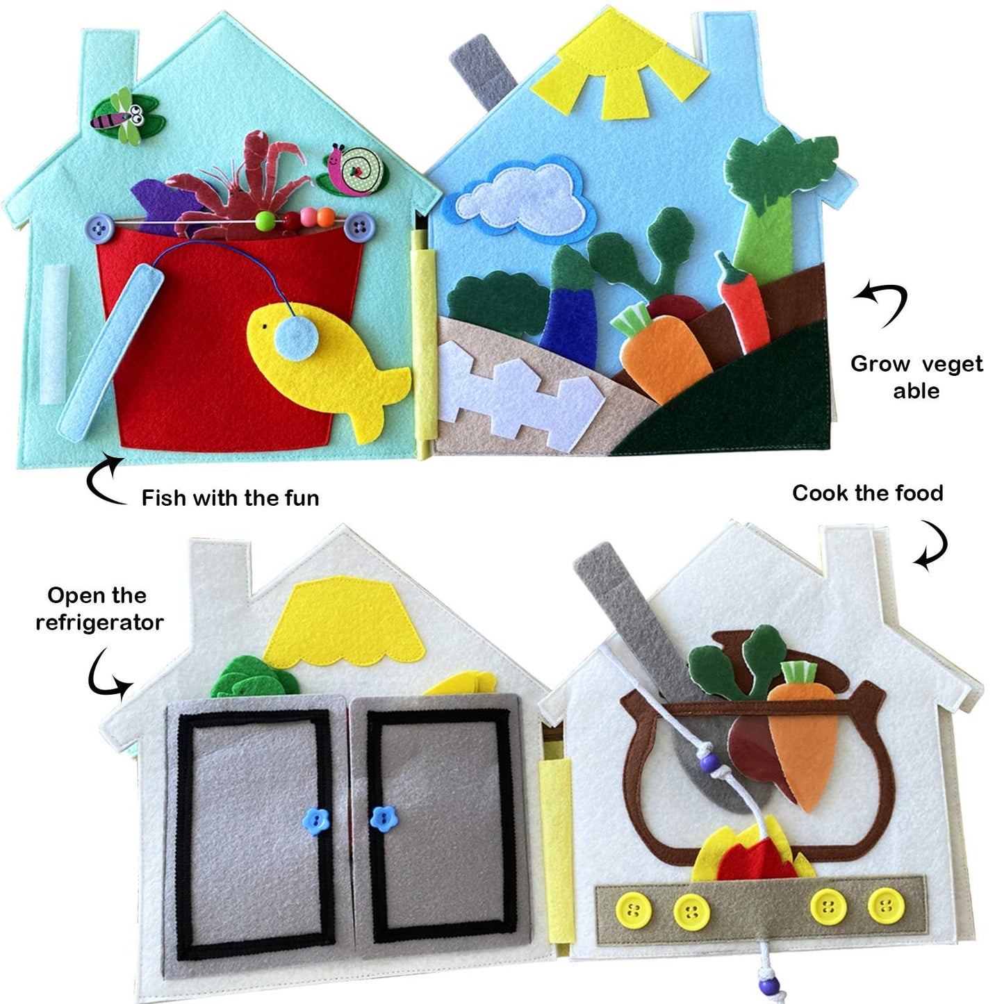 MOVEBO Quiet Book for Toddlers 1-3,Fun Interactive Busy Book with Cooking,Fishing,Planting,Pizza Making & Dinner Prep - Montessori Toy (Kitchen Story)