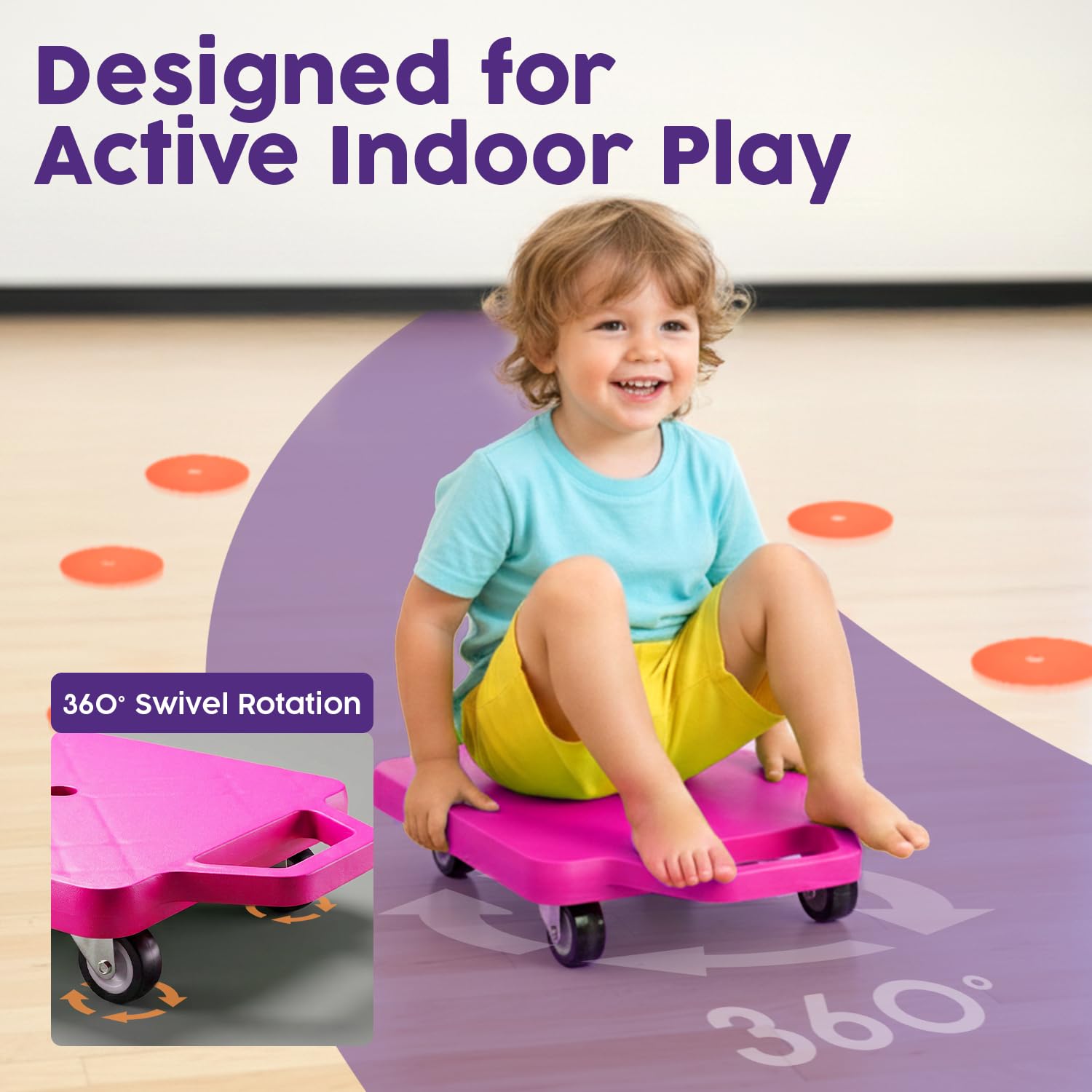 Hurtle Scooter Board for Kids with Safety Handles - Heavy Duty Gym Floor Scooter with 360° Wheels for PE, Indoor Active & Sensory Play - Supports 200