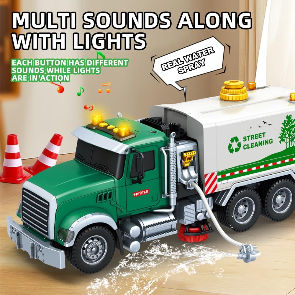 City Cleaning Truck with Real Water Spray | Street Sweeper Toy with Light & Sound Effects | Friction Garbage Truck Toys | Kids Trash Trucks | Holiday