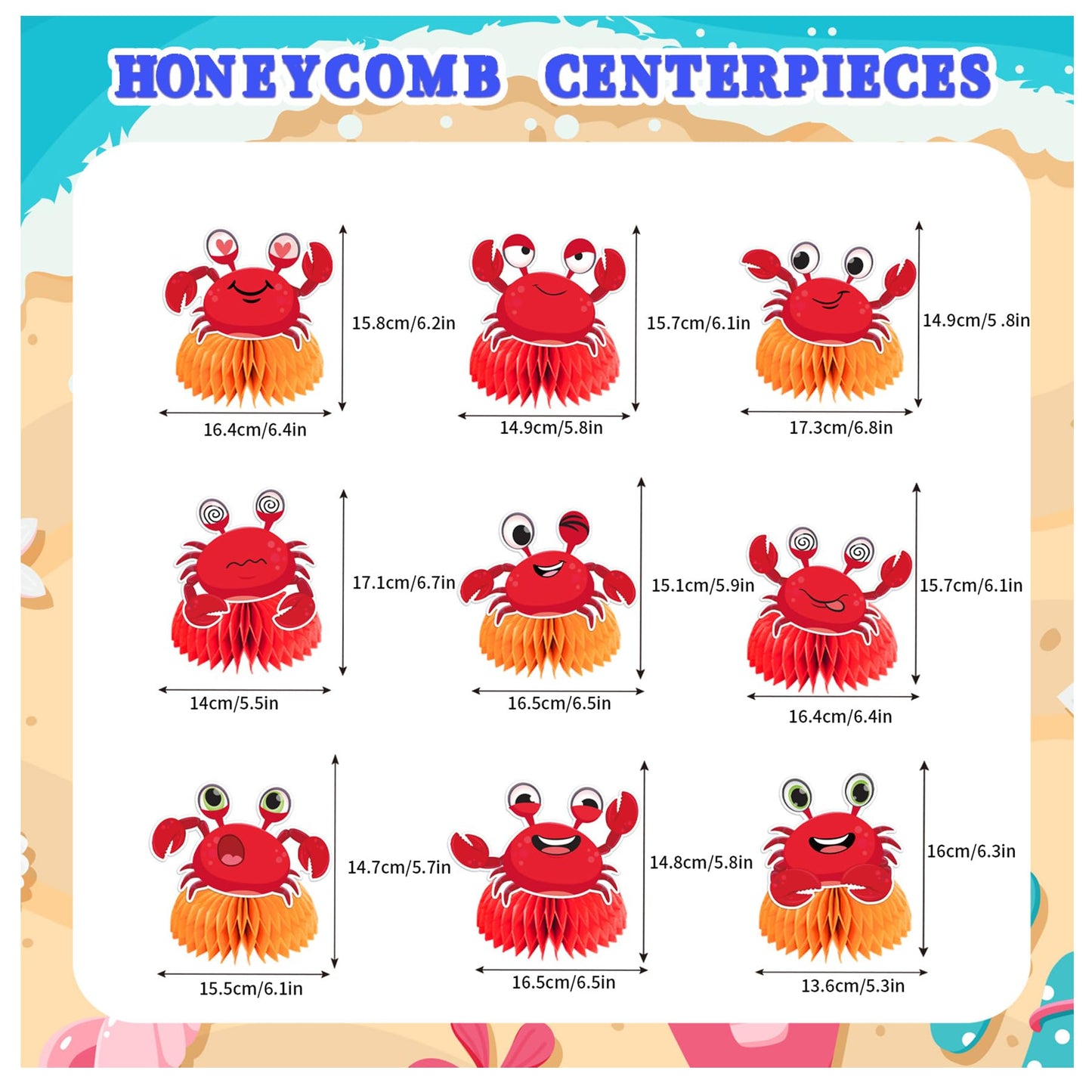 9 Pcs Crab Honeycomb Centerpieces Crab Table Decorations Table Toppers Crab Party Supplies for Crab Birthday Party Decorations Ocean Party