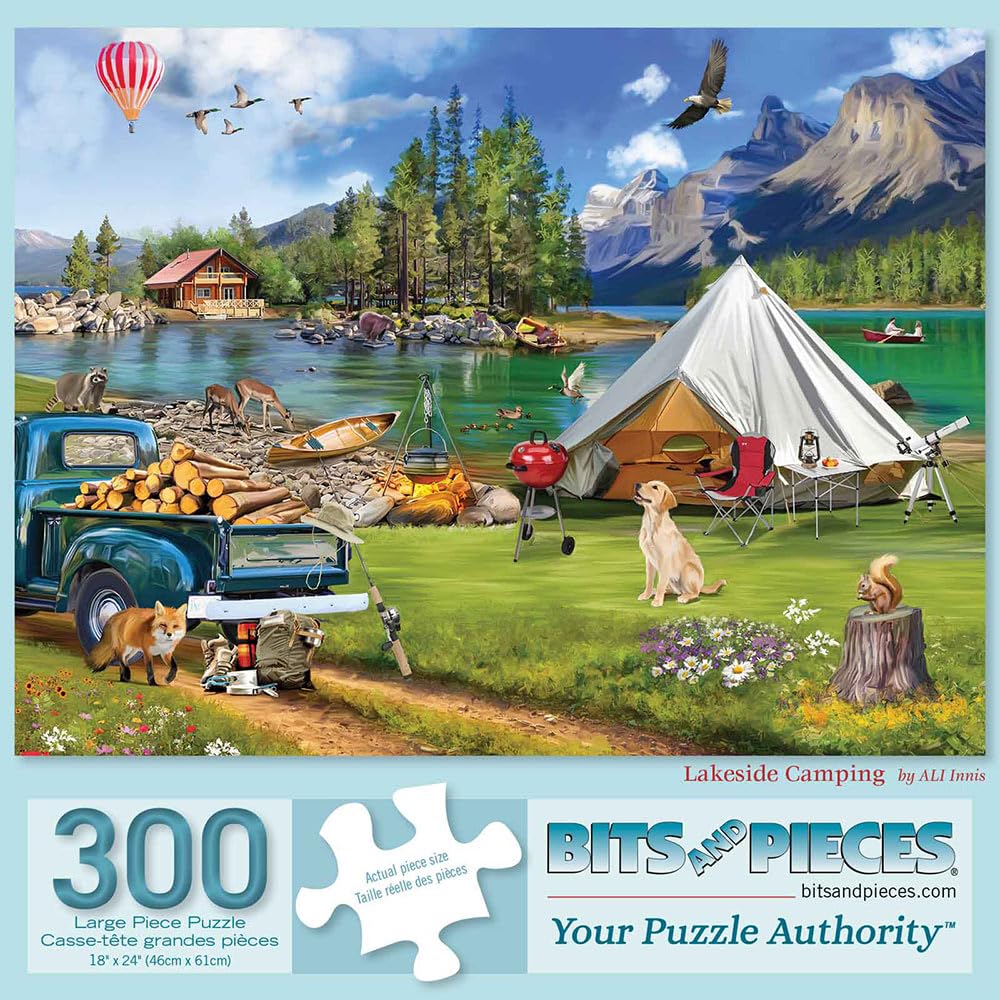 Bits and Pieces - Large 300 Piece Jigsaw Puzzle for Adults - Lakeside Camping - Nature Rustic Jigsaw Puzzle by Ali Innis, Completed Puzzle Size: 18" x