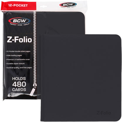 BCW 12-Pocket Zipper-Folio LX Trading Card Binder (Black) | Card Collection Binder with 480 Card Capacity | Archival Safe Pages | Secure Wrap-Around