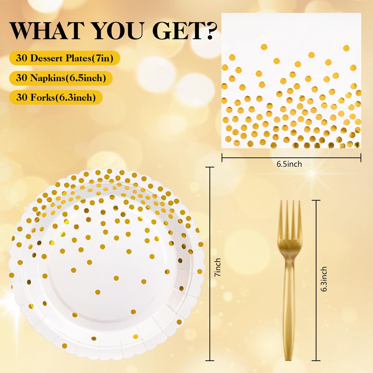 90 Pcs White and Gold Plates and Napkins Party Supplies, Scalloped Gold Polka Dots Tableware Set Include White Gold Dot Cake Dessert Plates, Napkin
