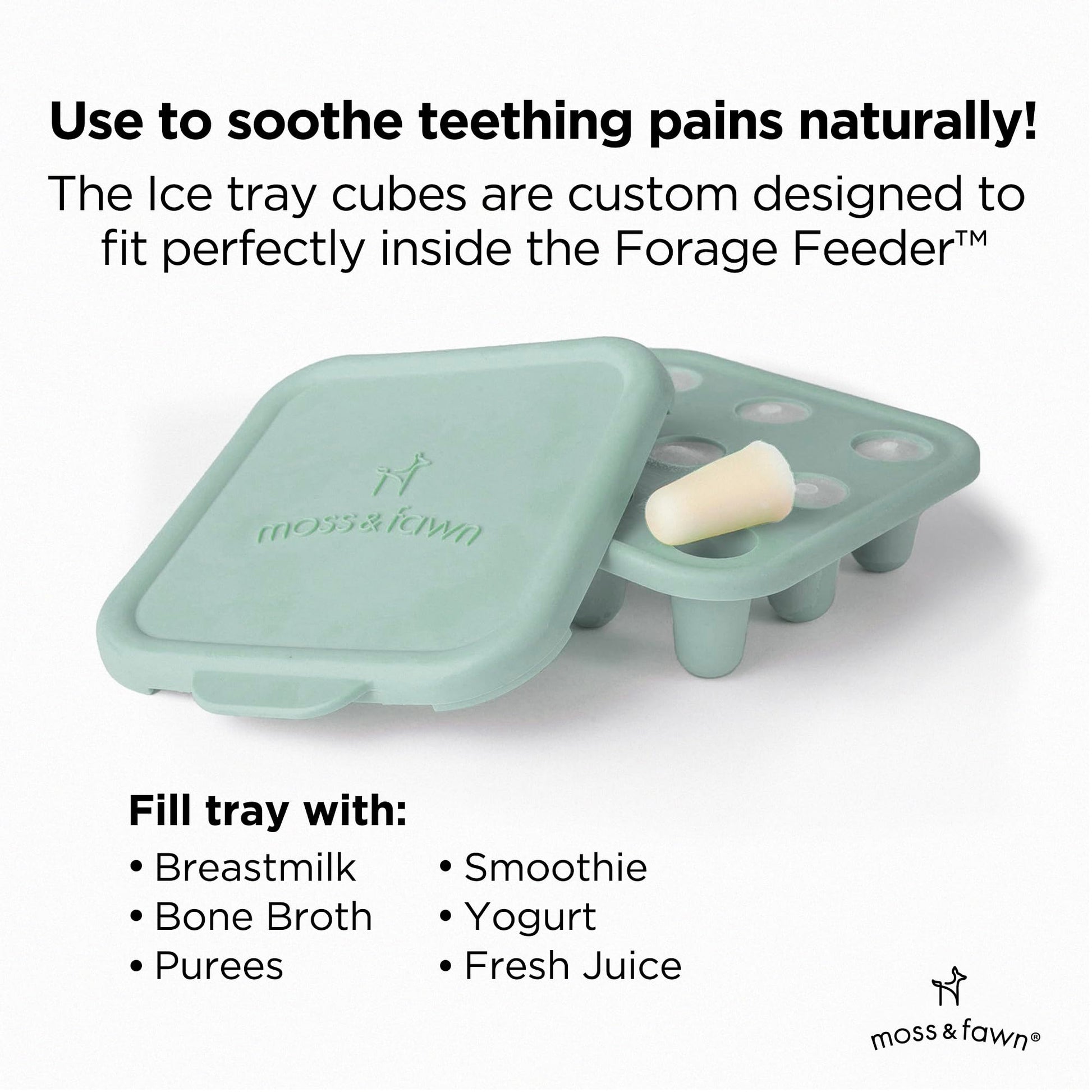 Moss and Fawn Baby's First Bites Bundle - Silicone Frozen Breast Milk Popsicle Kit with Forage Feeder & Teething Popsicle Ice Cube Tray - BPA, PVC