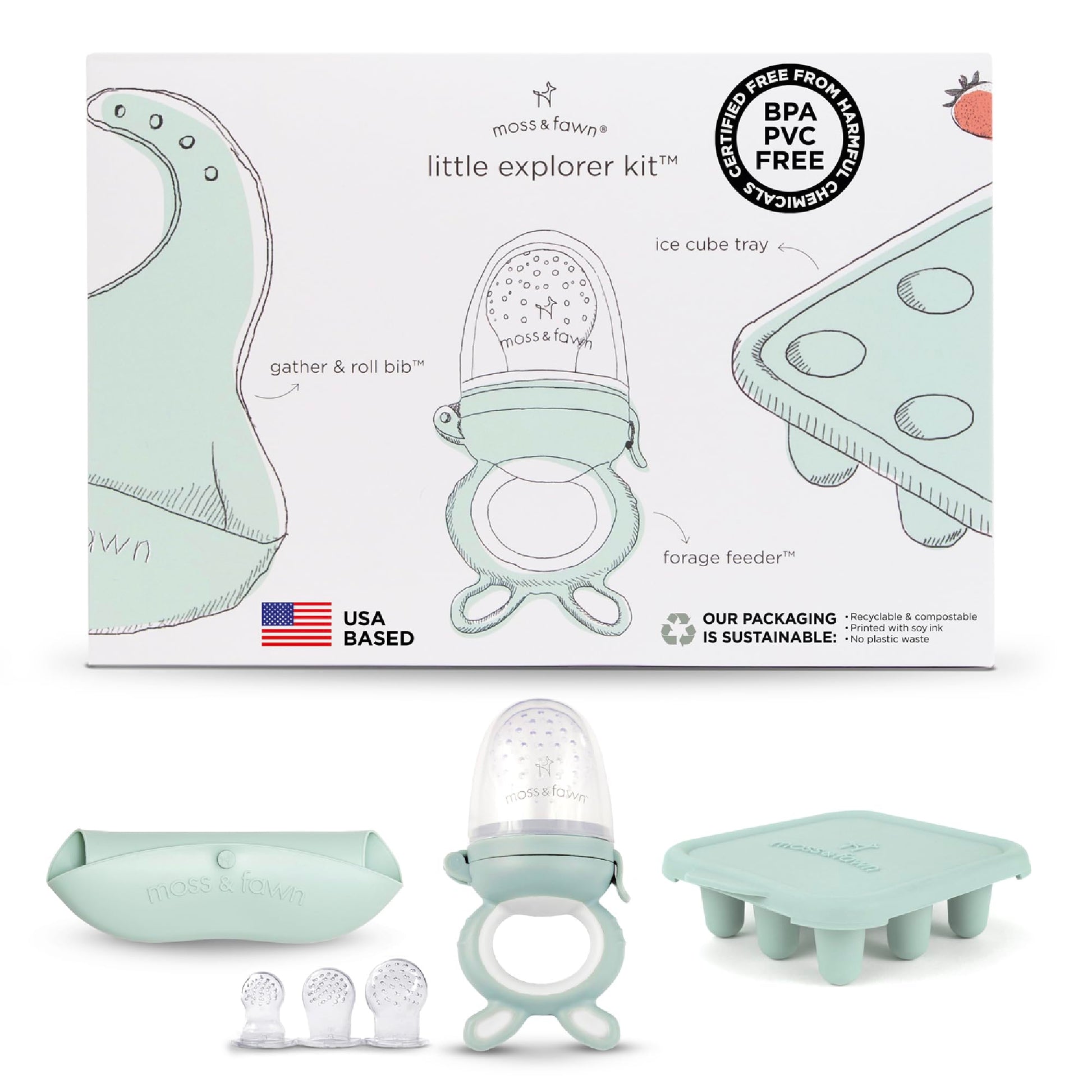 Moss and Fawn Little Explorer Kit - Silicone Frozen Breast Milk Popsicle Kit with Forage Feeder, Teething Popsicle Ice Cube Tray, & Gather & Roll Baby