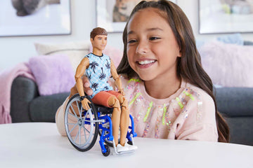 Barbie Ken Doll with Wheelchair & Ramp, Kids Toys, Fashionistas, Brunette with Beachy Tee and Orange Shorts, Clothes and Accessories
