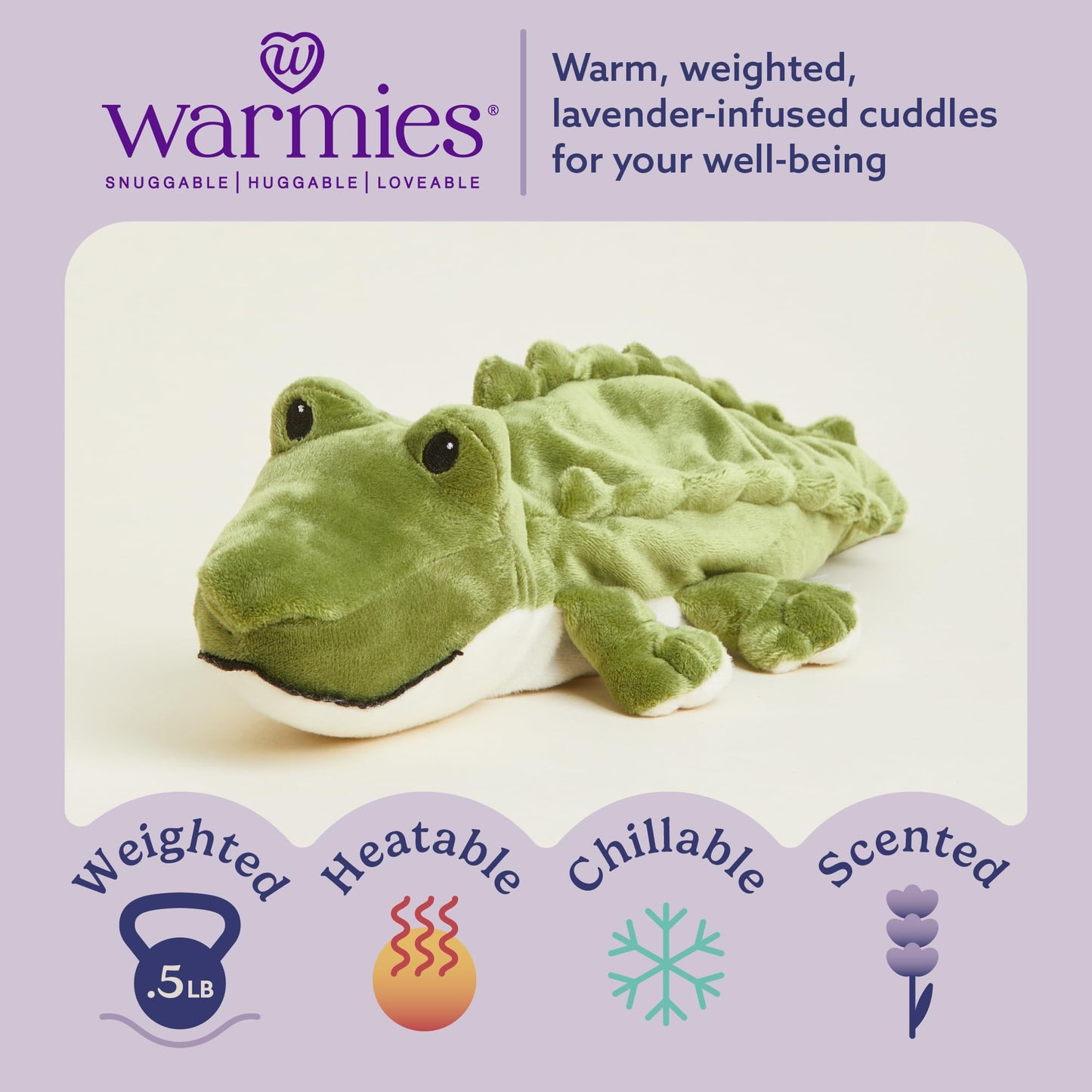 warmies Junior Microwavable & Weighted Stuffed Animals, Alligator - Heated Stuffed Animal Plushie for Warmth & Comfort - Cute Soft Plush Toys