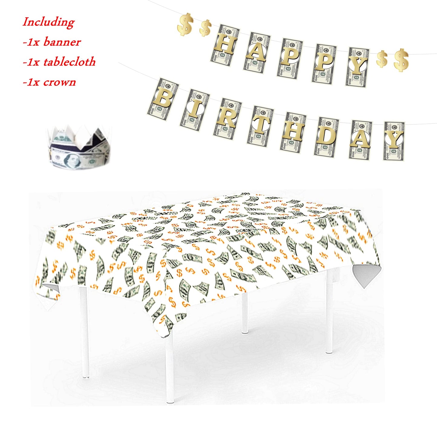 Money Theme Decoration KIT Bill Dollar Signs Birthday Banner Currency Symbol Money Tablecover Tablecloth Dollar Crown Set for Birthday Casino Wedding