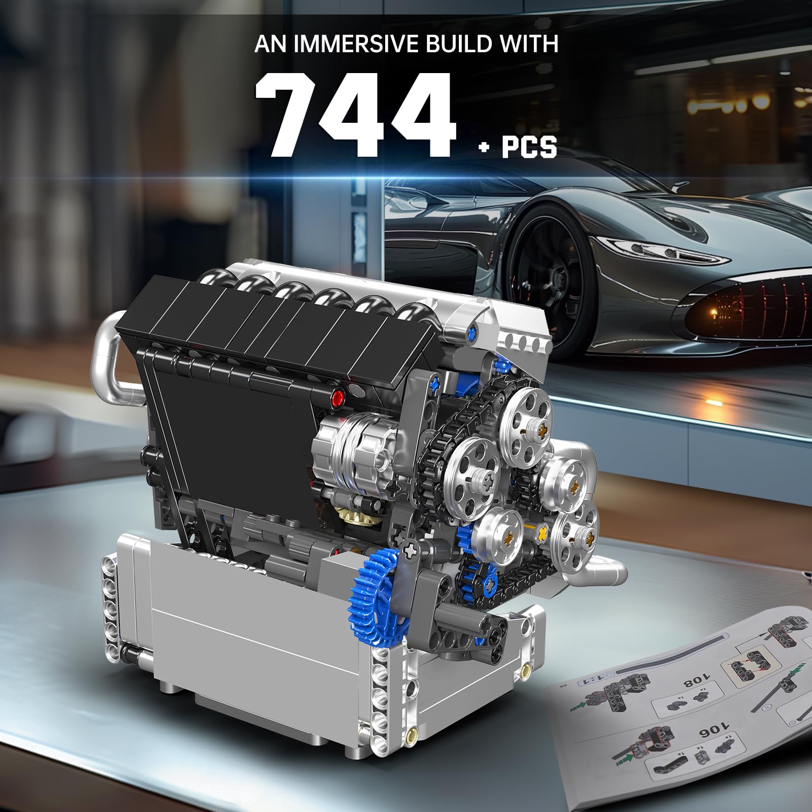 Mould King 10213 Car Engine Building Sets, Intelligent Chip Drive Engine Model Kit that Runs, Build Your Own STEM V8 Engine Model Toys for Adults