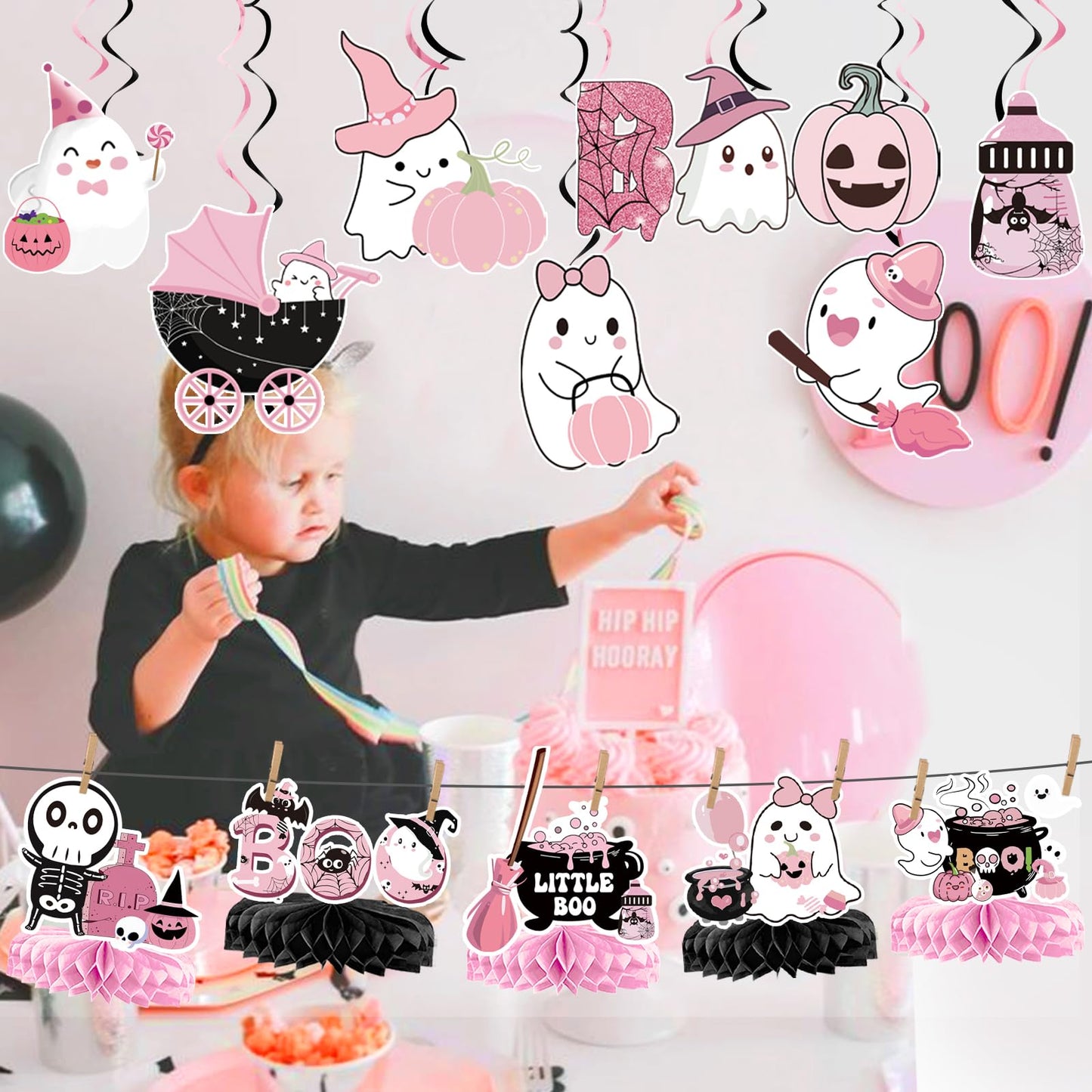 Yavxzvbw A Little Boo Is Almost Due Banner & Decorations - Pink & Black Halloween Baby Shower Party Pack