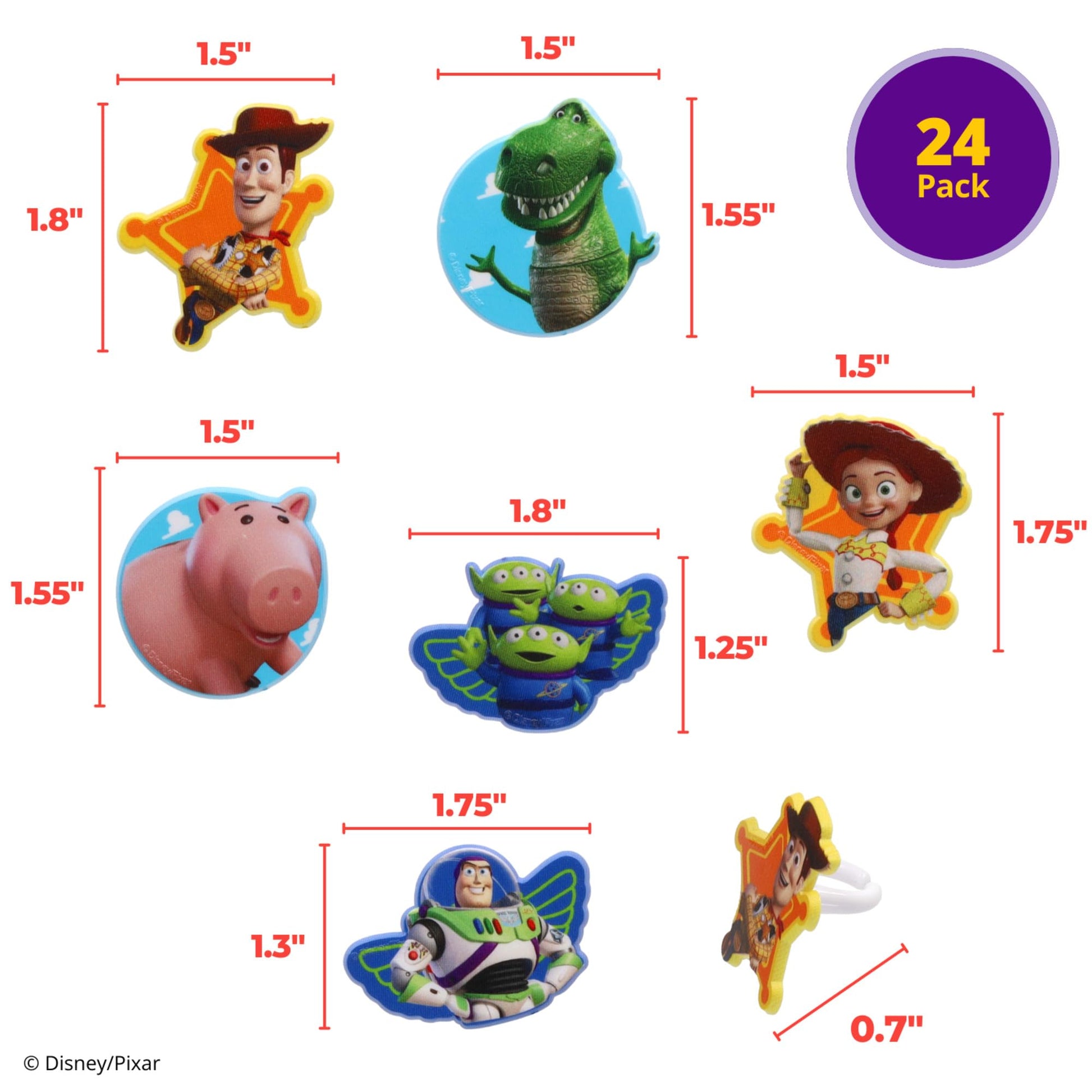 Disney & Pixar Toy Story Cupcake Rings, 24 Toy Story Cake Decorations Featuring Woody, Buzz Lightyear, Jessie, Rex, Hamm, & Aliens! Food Safe - 24