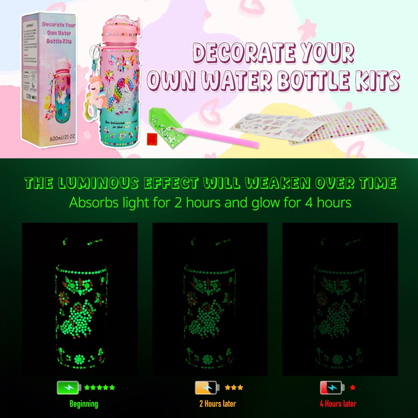 Bemetu Glow in the Dark Decorate Your Own Water Bottle Kits for Girls Age 4 5 6 7 8 9 10, Unicorn Diamond Painting Crafts Stickers, Fun Arts