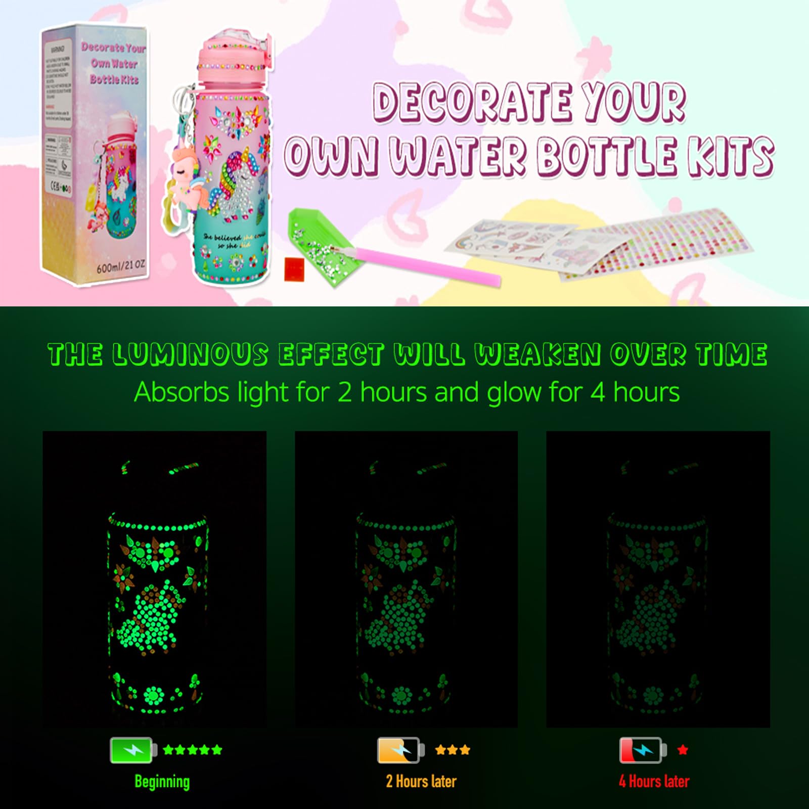 Bemetu Glow in the Dark Decorate Your Own Water Bottle Kits for Girls Age 4 5 6 7 8 9 10, Unicorn Diamond Painting Crafts Stickers, Fun Arts