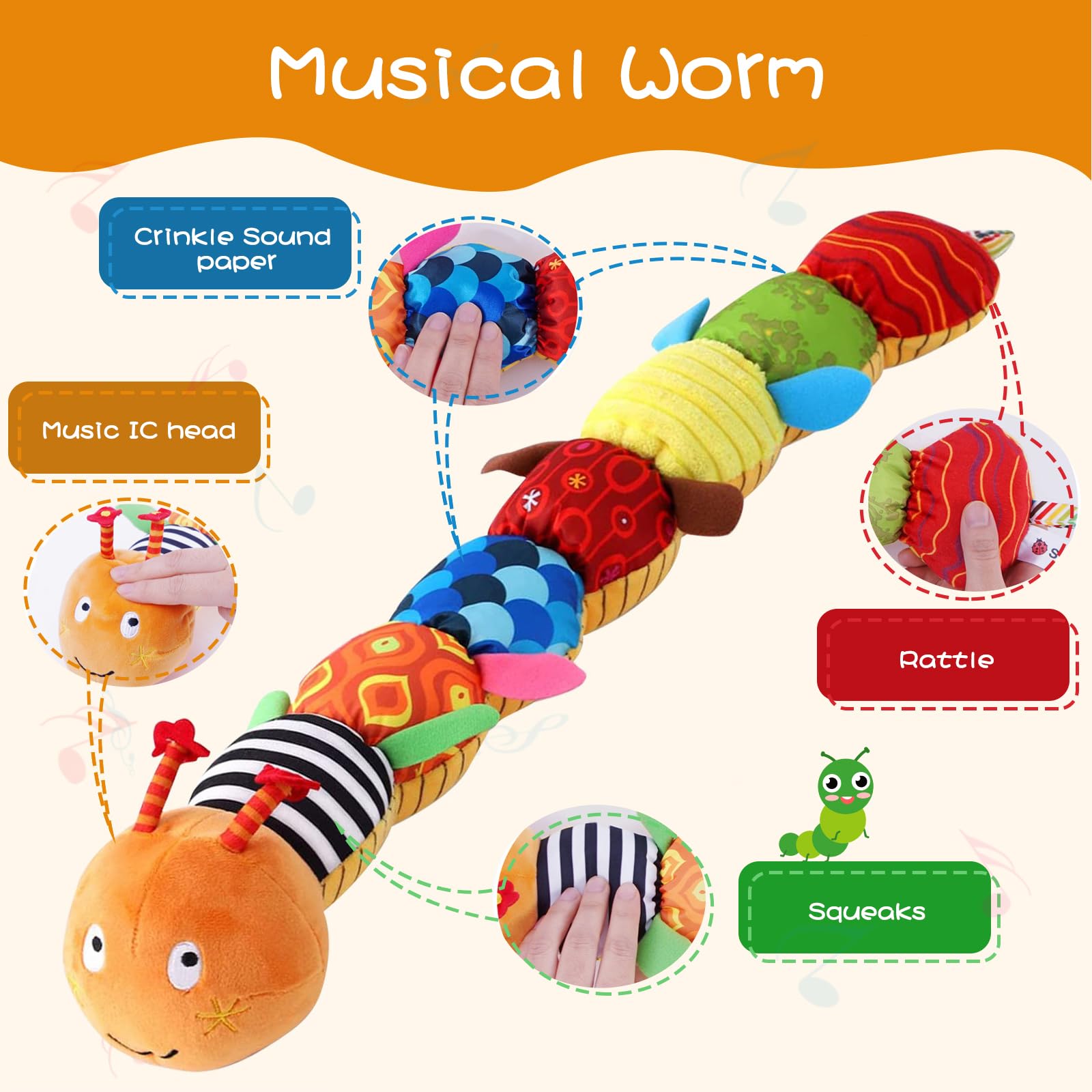 ZUCOOP Musical Worm Soft Model, 6 Different Sensory, Crinkle and Rattle Stuffed, Caterpillar Model