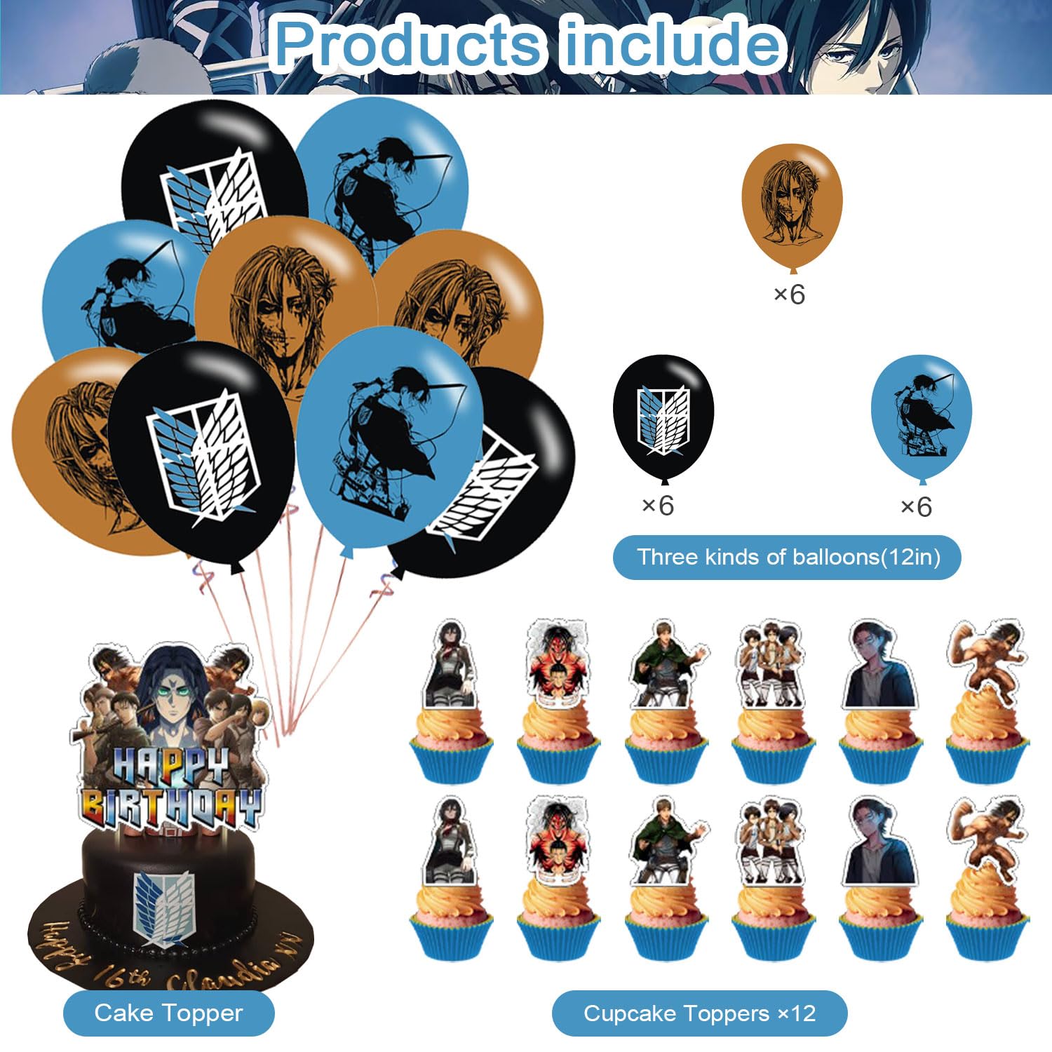 Attack Anime Theme Party Supplies - Birthday Banner, Cake Topper, Latex Balloons