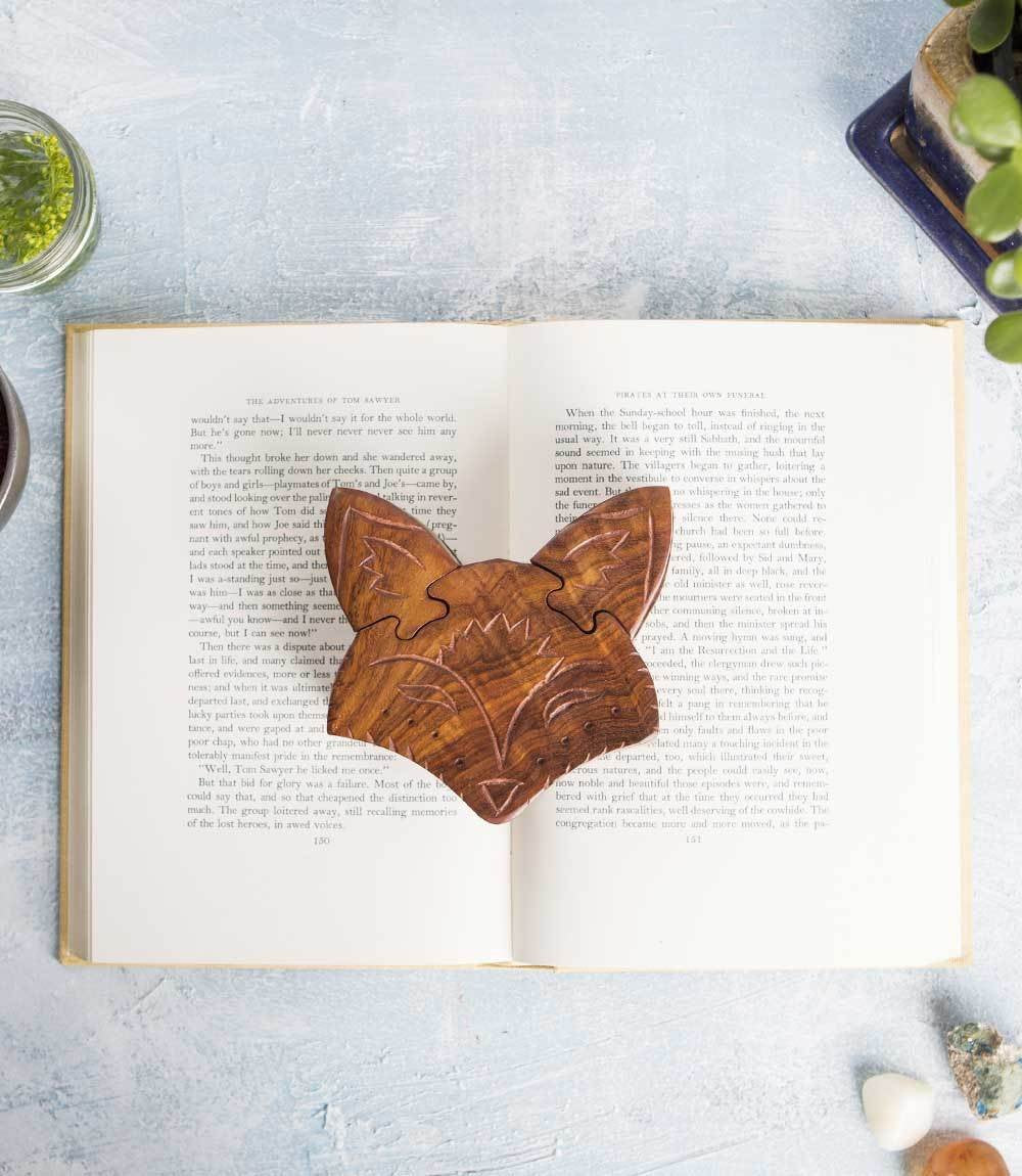 Matr Boomie, Hand Carved Solid Wood Fox Puzzle Box/Jewelry Box/Brain Teaser with Secret Compartment