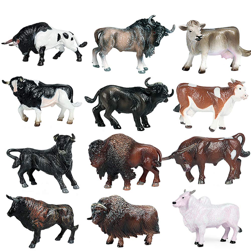 Hiawbon 12 Pcs Miniature Cattle Model Set Mini Cow Models Plastic Cattle Statues for Adult
