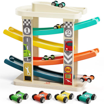 TOP BRIGHT Toddler Toys for 2 Year Old Boy, Wooden Car Ramp Race Track Set, Car Toys for Toddlers 1-3 with Cars and a Garage, Montessori Toys for 12