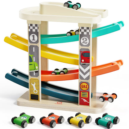 TOP BRIGHT Toddler Toys for 2 Year Old Boy, Wooden Car Ramp Race Track Set, Car Toys for Toddlers 1-3 with Cars and a Garage, Montessori Toys for 12