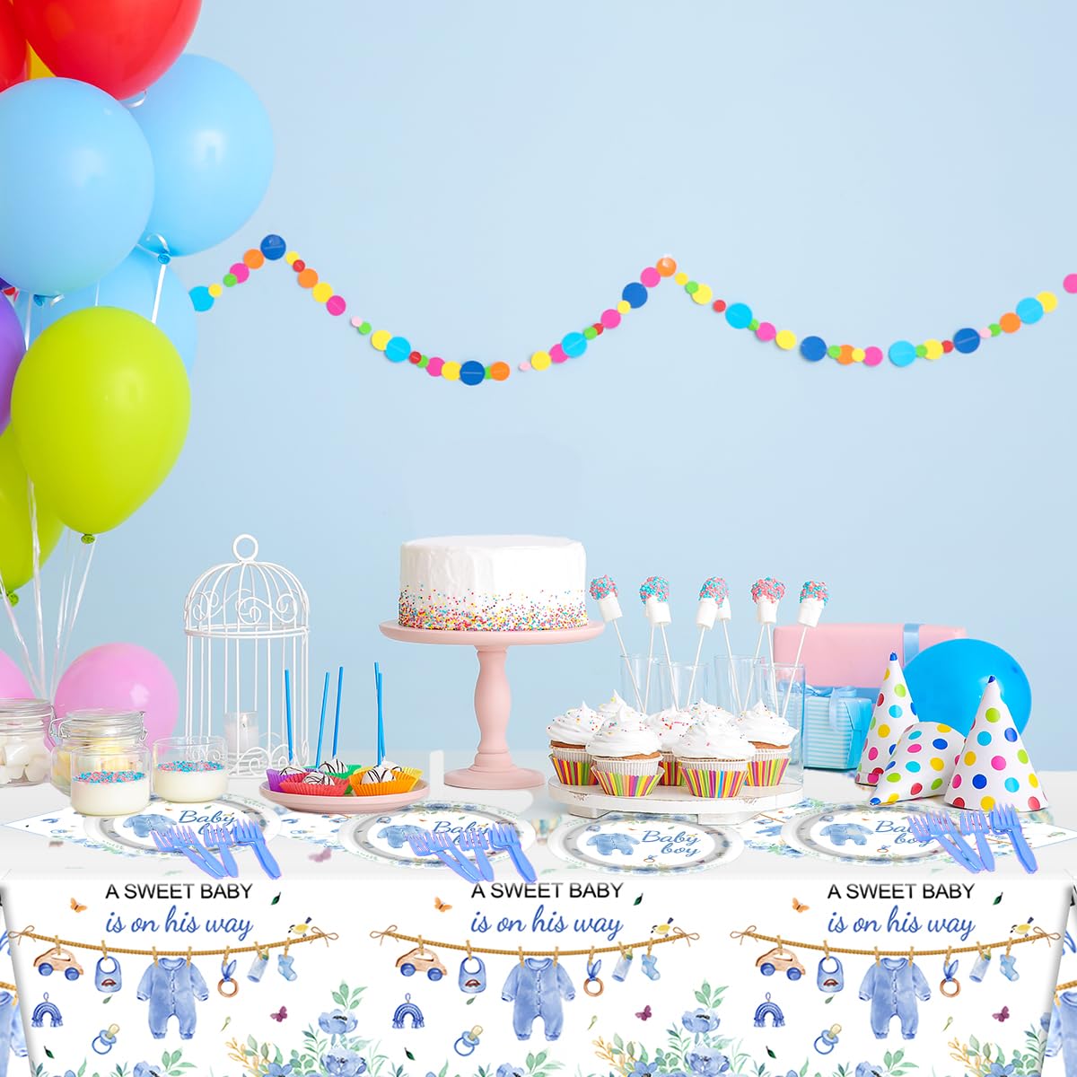 Blue Baby Boy Shower Birthday Tableware Set, 20 Disposable Plates and 20Napkins 1pcs Tablecloth, for Baby Boy Baby Shower Decorations (Blue)