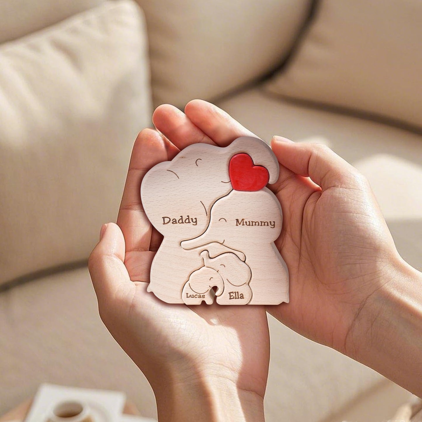JOBFLY Wooden Mommy Elephant Family Puzzle with 2-6 Family Name