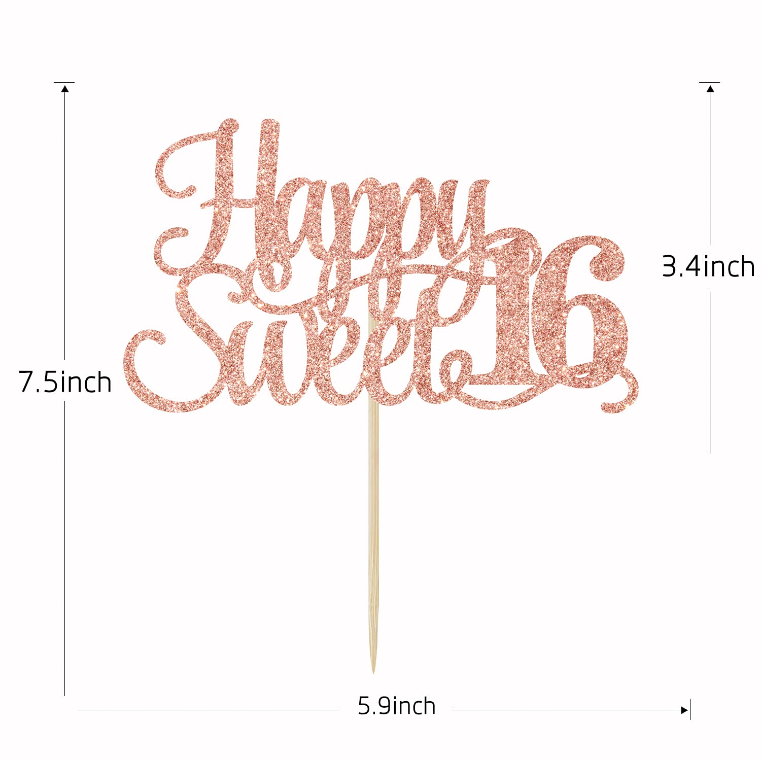 Rose Gold Glitter Happy Sweet 16 Cake Topper - Happy 16th Birthday Cake Decor - Hello 16, Cheers to 16 Years Birthday Party Decoration Supplies