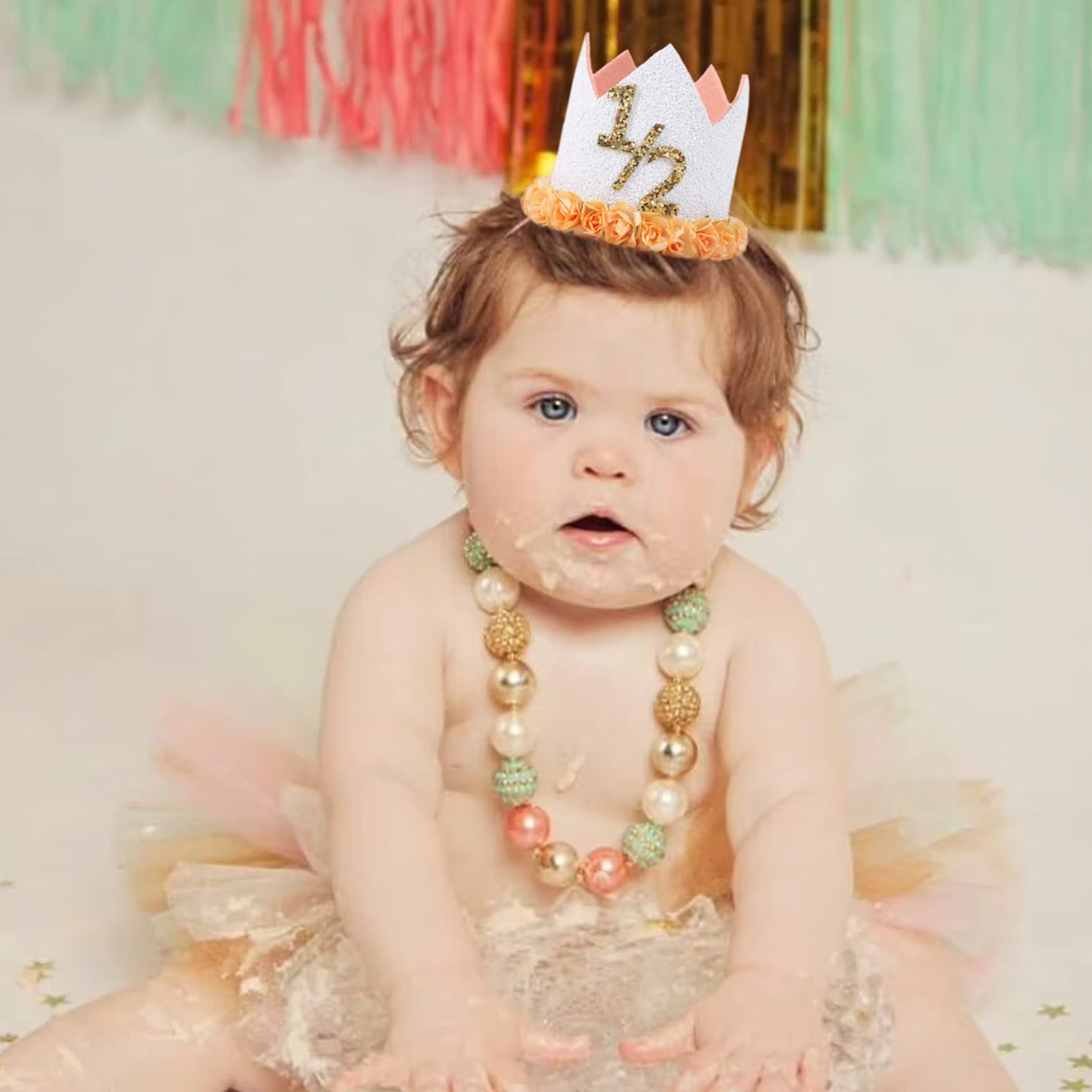 1/2 Birthday Flower Crown - 6 Months Party Hat, Cake Decor, Photography Prop for Boy/Girl in White